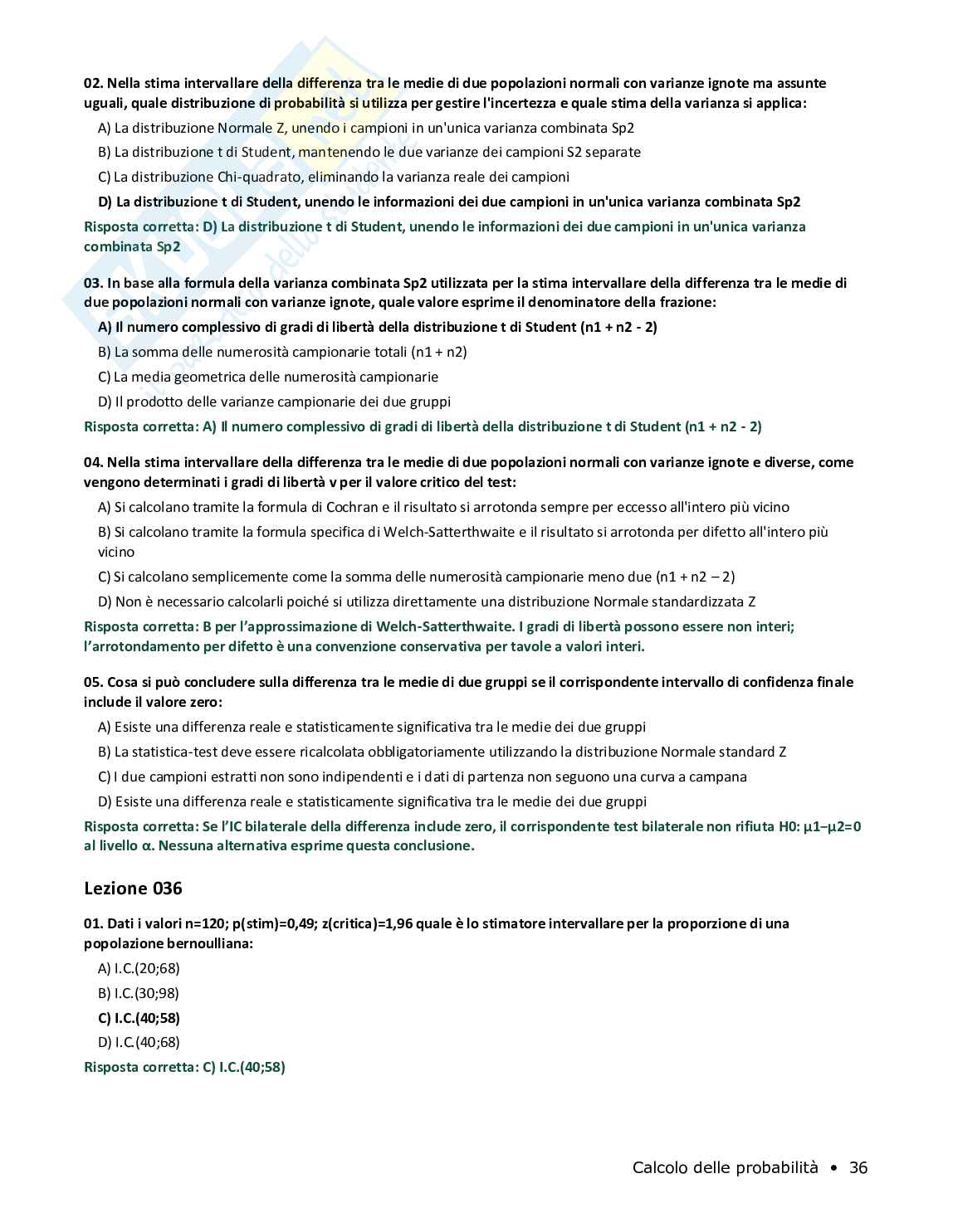 Quiz risolti Calcolo delle probabilità, 2026 Pag. 36