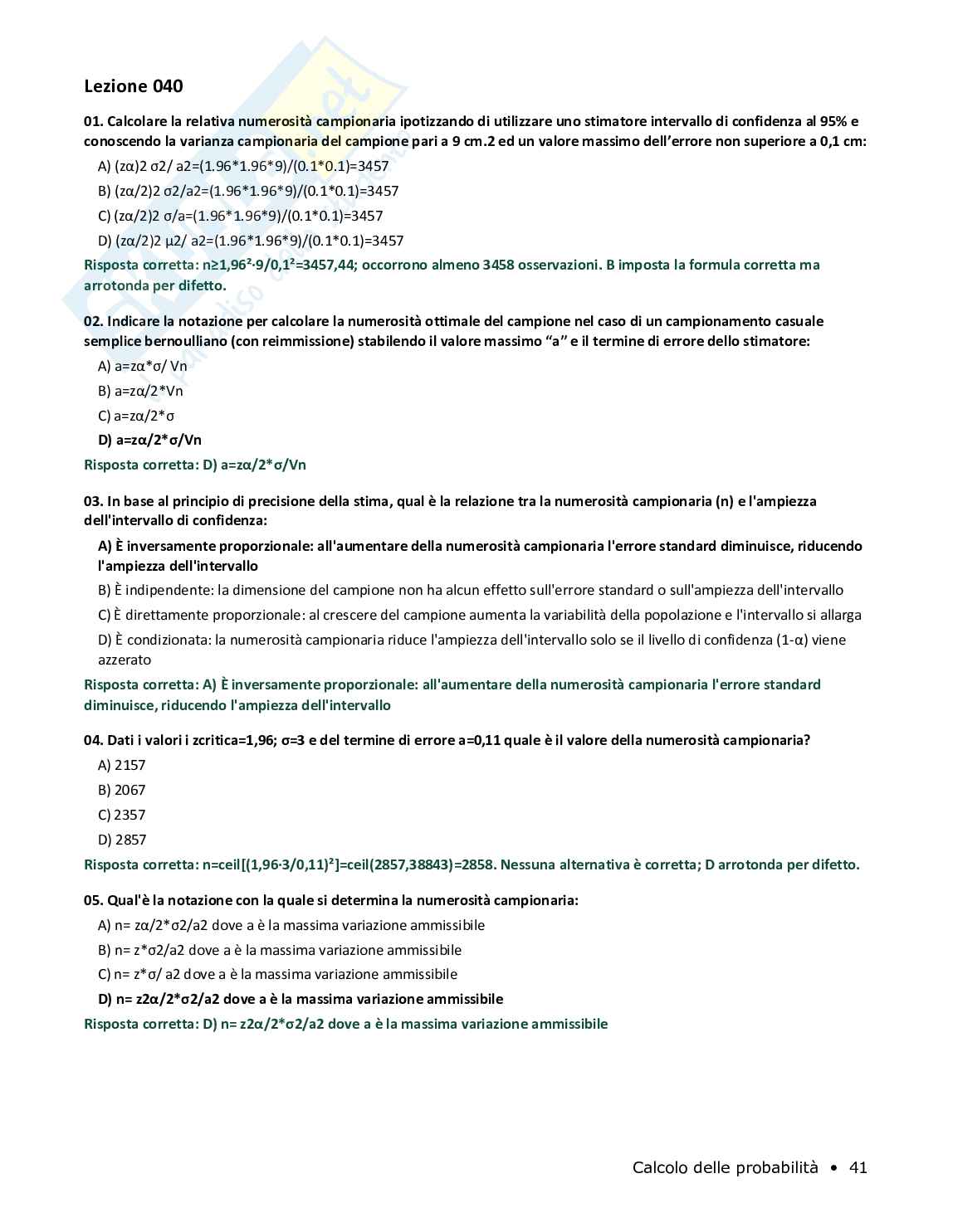 Quiz risolti Calcolo delle probabilità, 2026 Pag. 41