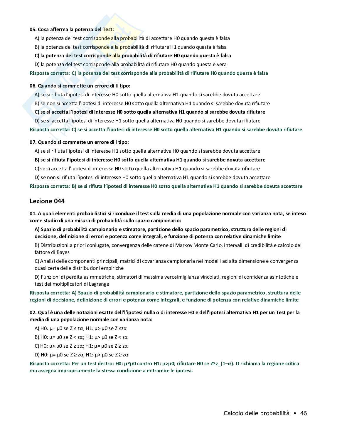 Quiz risolti Calcolo delle probabilità, 2026 Pag. 46