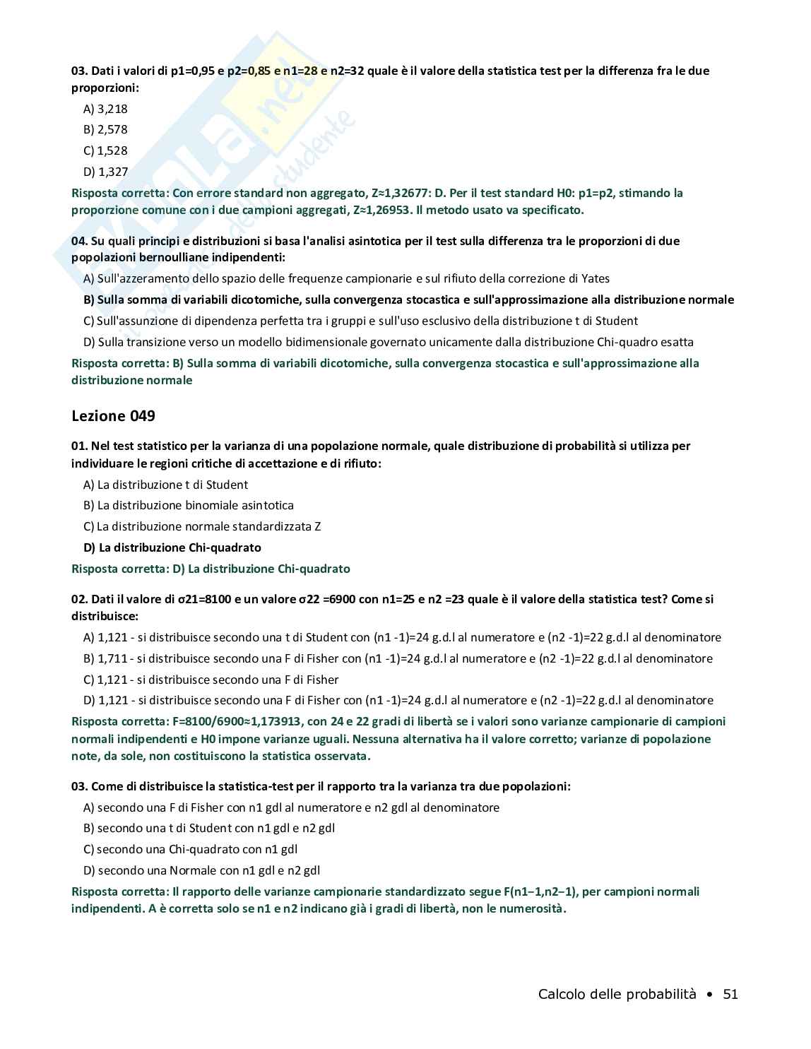 Quiz risolti Calcolo delle probabilità, 2026 Pag. 51