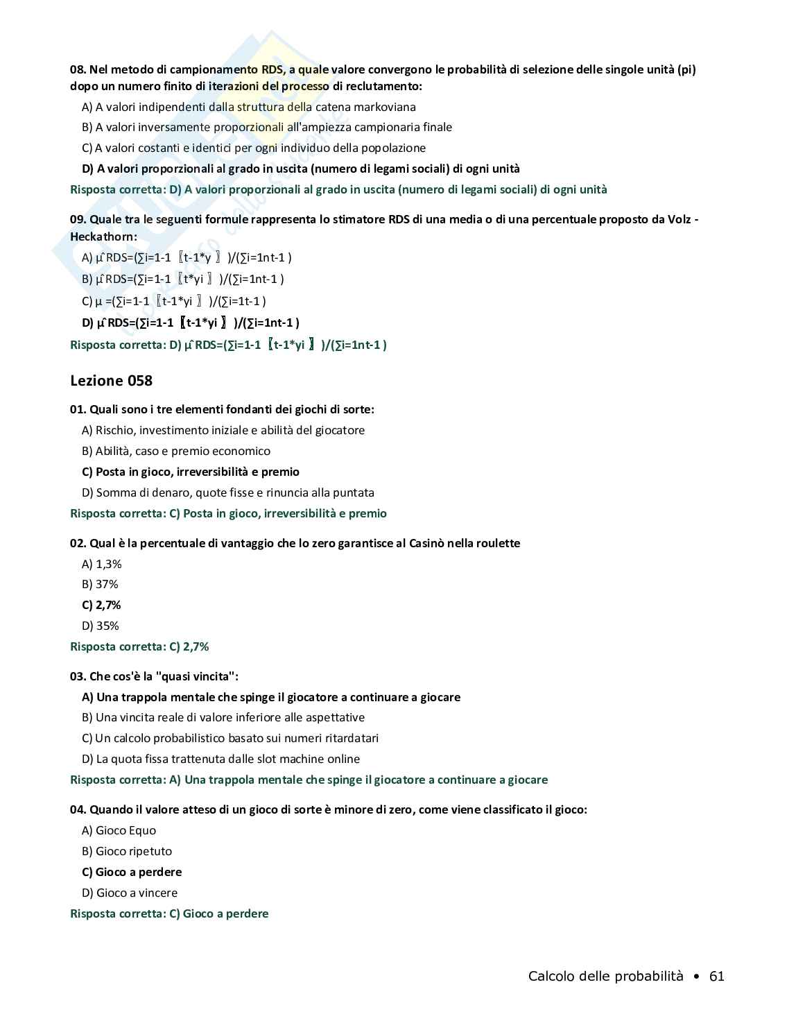 Quiz risolti Calcolo delle probabilità, 2026 Pag. 61