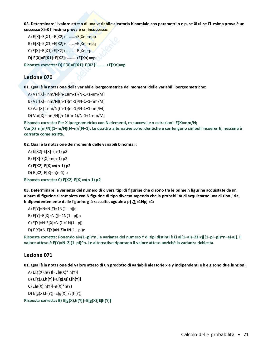 Quiz risolti Calcolo delle probabilità, 2026 Pag. 71