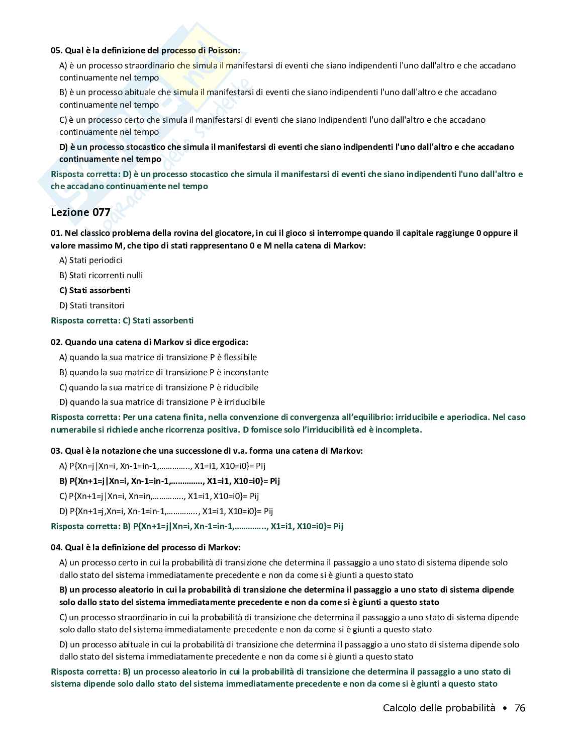 Quiz risolti Calcolo delle probabilità, 2026 Pag. 76
