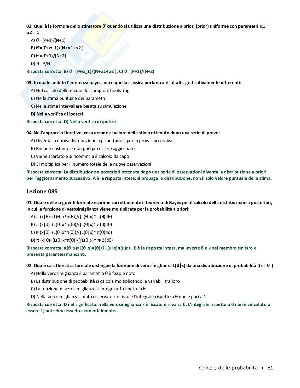 Quiz risolti Calcolo delle probabilità, 2026 Pag. 81