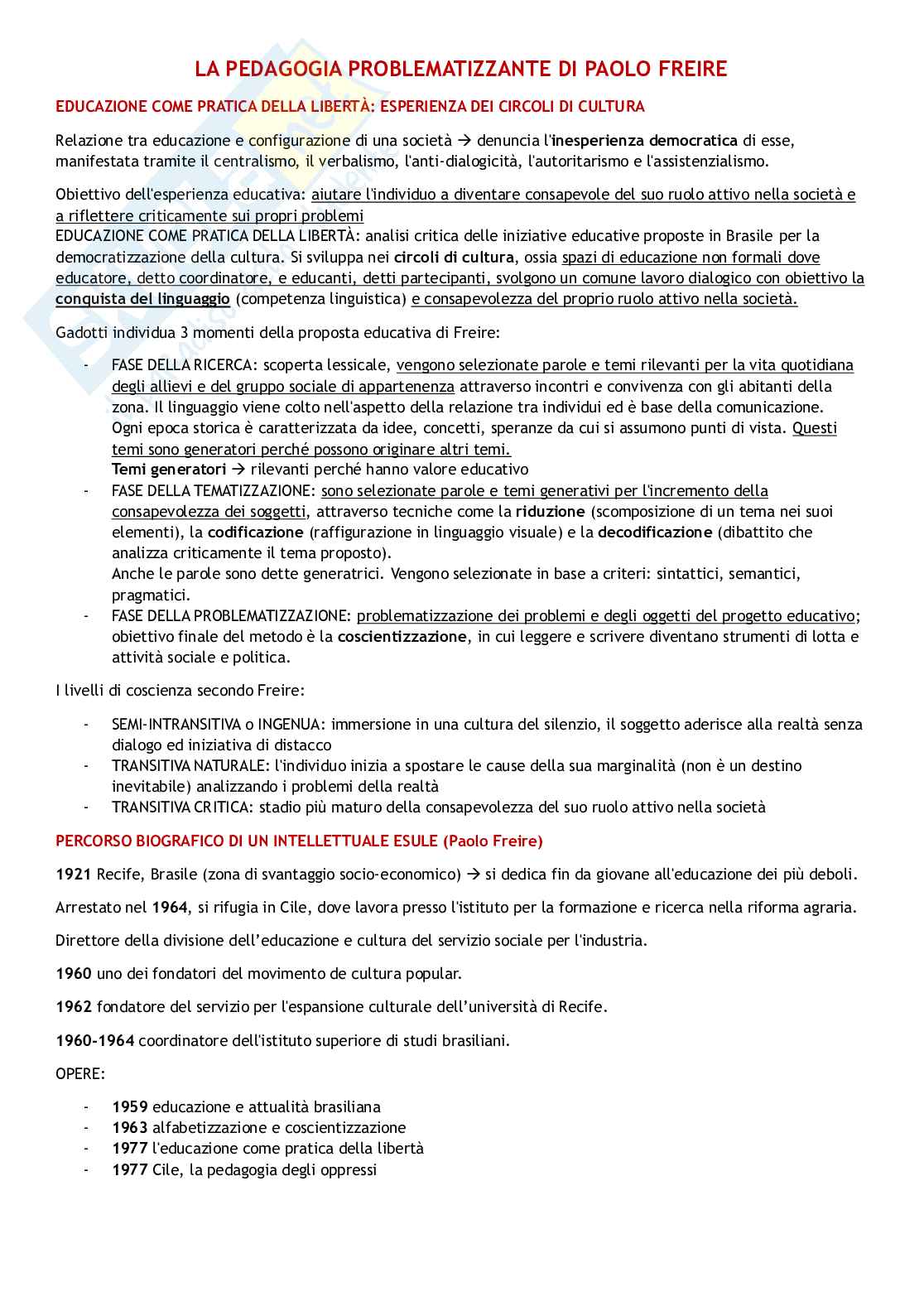 Riassunto esame Pedagogia sociale, Prof. Milana Marcella, libro consigliato Pedagogia della liberazione di Paulo Freire, Catarci Pag. 1