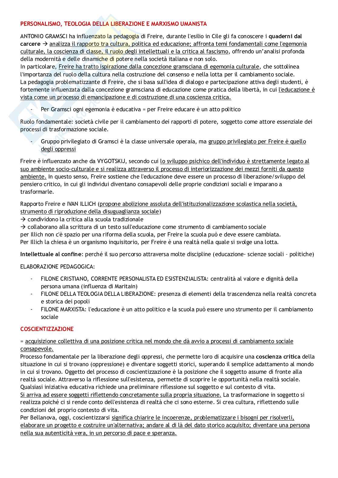 Riassunto esame Pedagogia sociale, Prof. Milana Marcella, libro consigliato Pedagogia della liberazione di Paulo Freire, Catarci Pag. 2