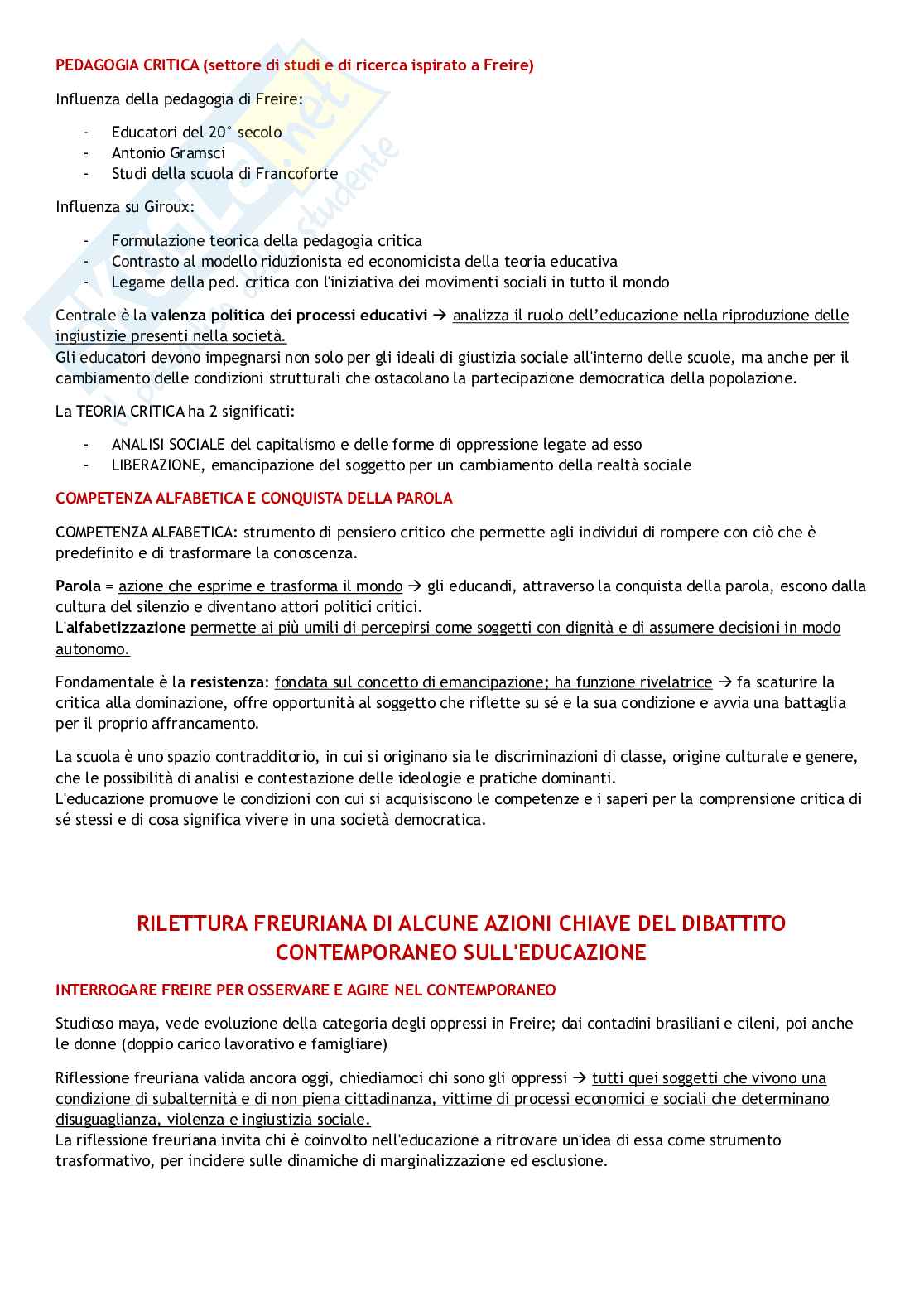 Riassunto esame Pedagogia sociale, Prof. Milana Marcella, libro consigliato Pedagogia della liberazione di Paulo Freire, Catarci Pag. 6
