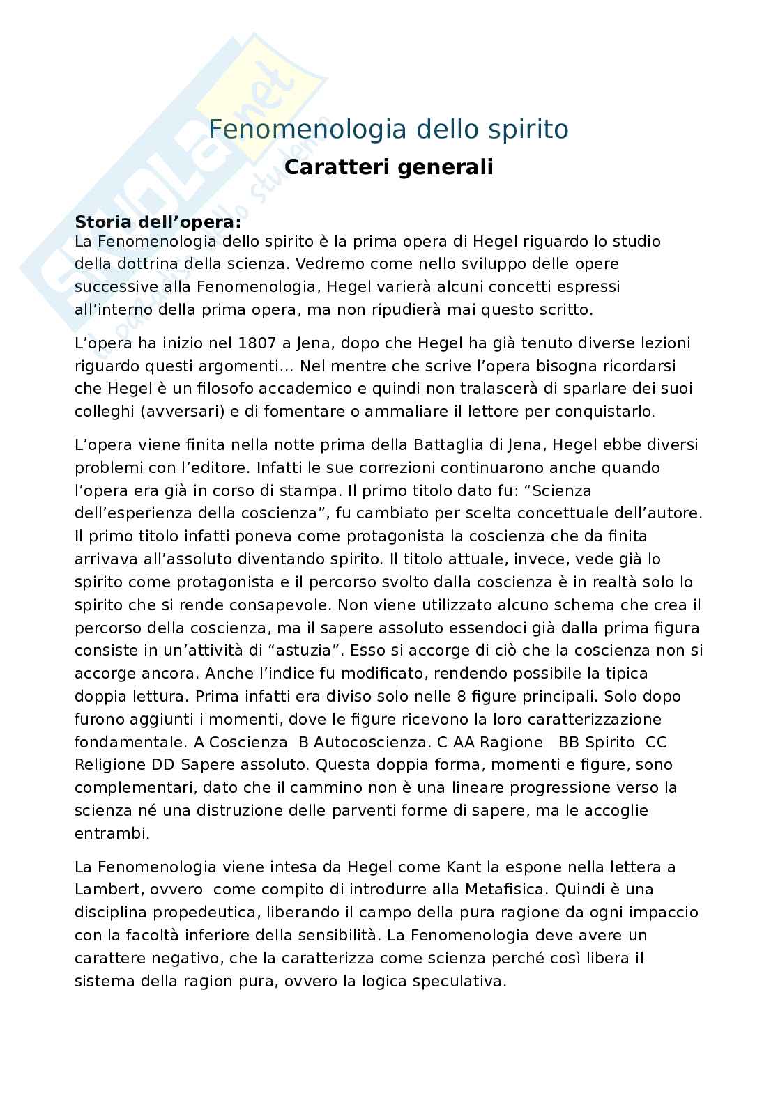 Riassunto esame Storia della filosofia, Prof. Fronterotta Francesco, libro consigliato Fenomenologia dello Spirito, Hegel Pag. 1