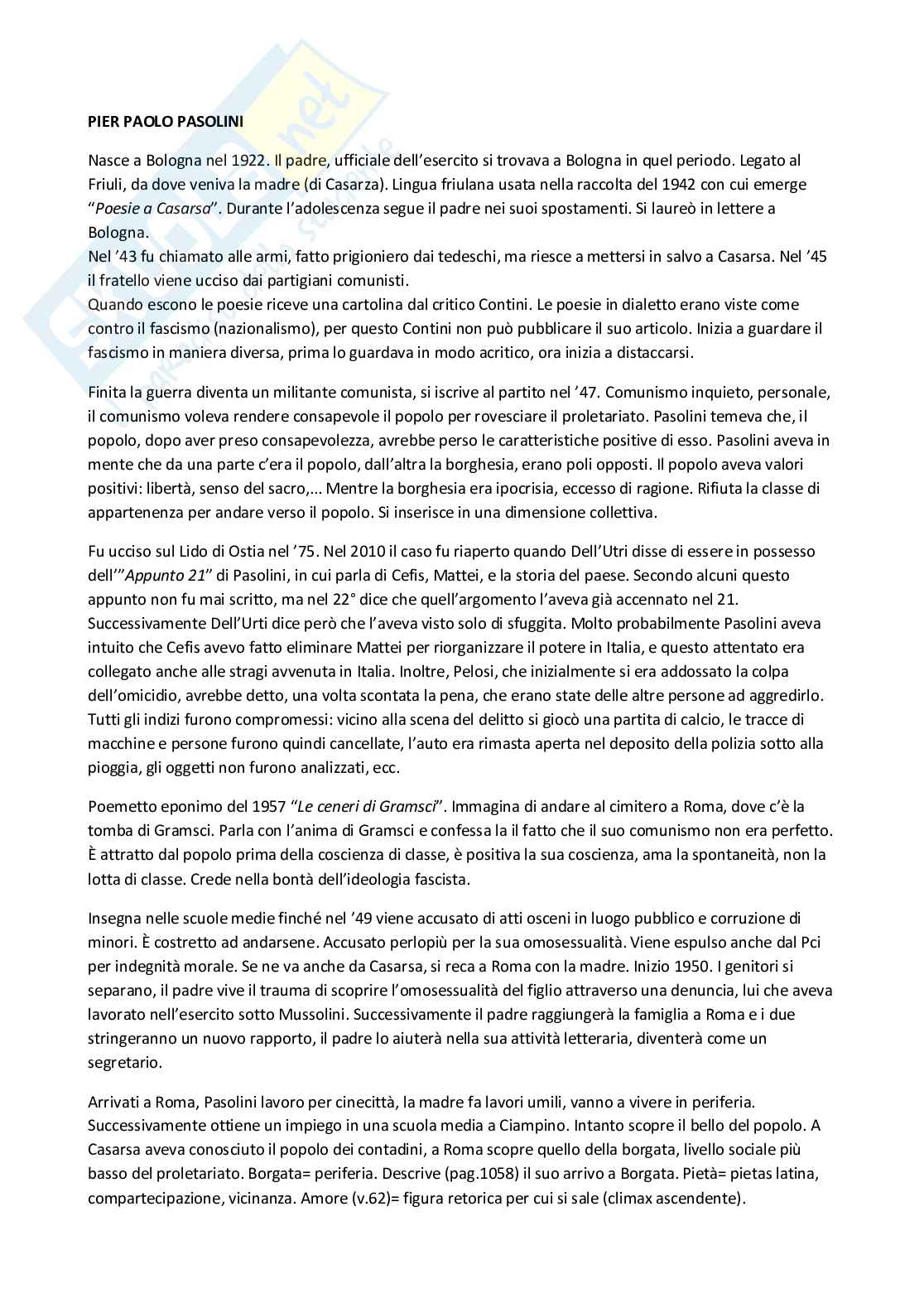 Cultura italiana contemporanea - Pier Paolo Pasolini Pag. 1