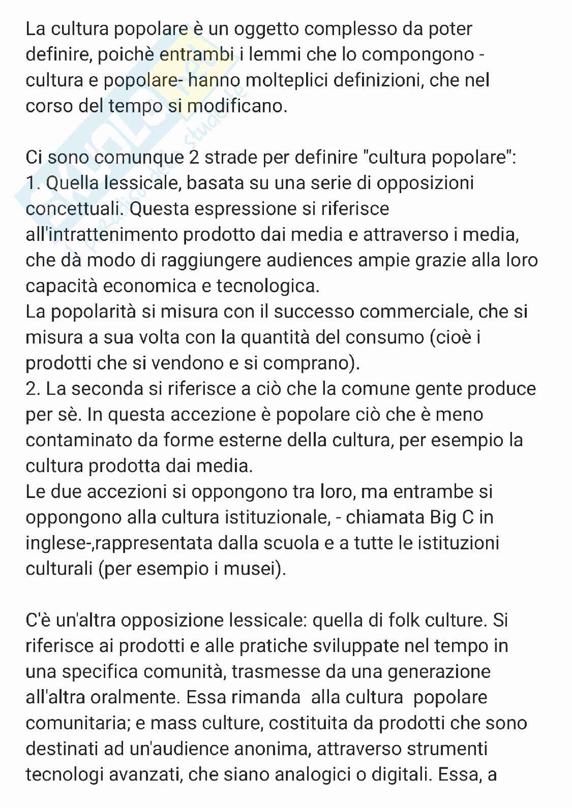 Riassunto esame Teorie e tecniche della comunicazione, Prof. Savona Elena, libro consigliato Lezione sulla cultura popolare , Colombo Pag. 1