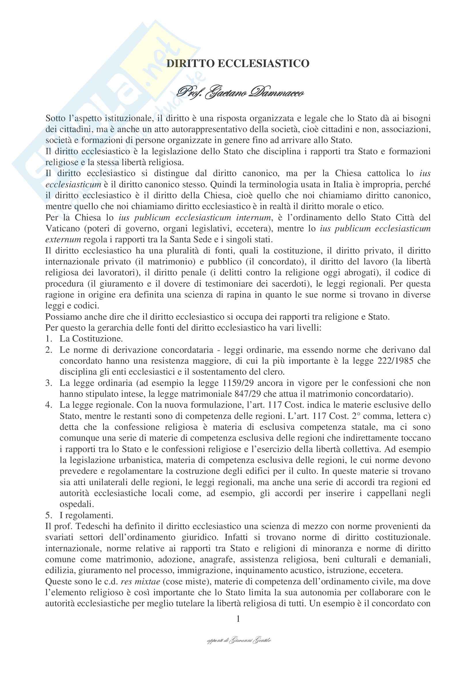 Diritto ecclesiastico - concetti generali Pag. 1