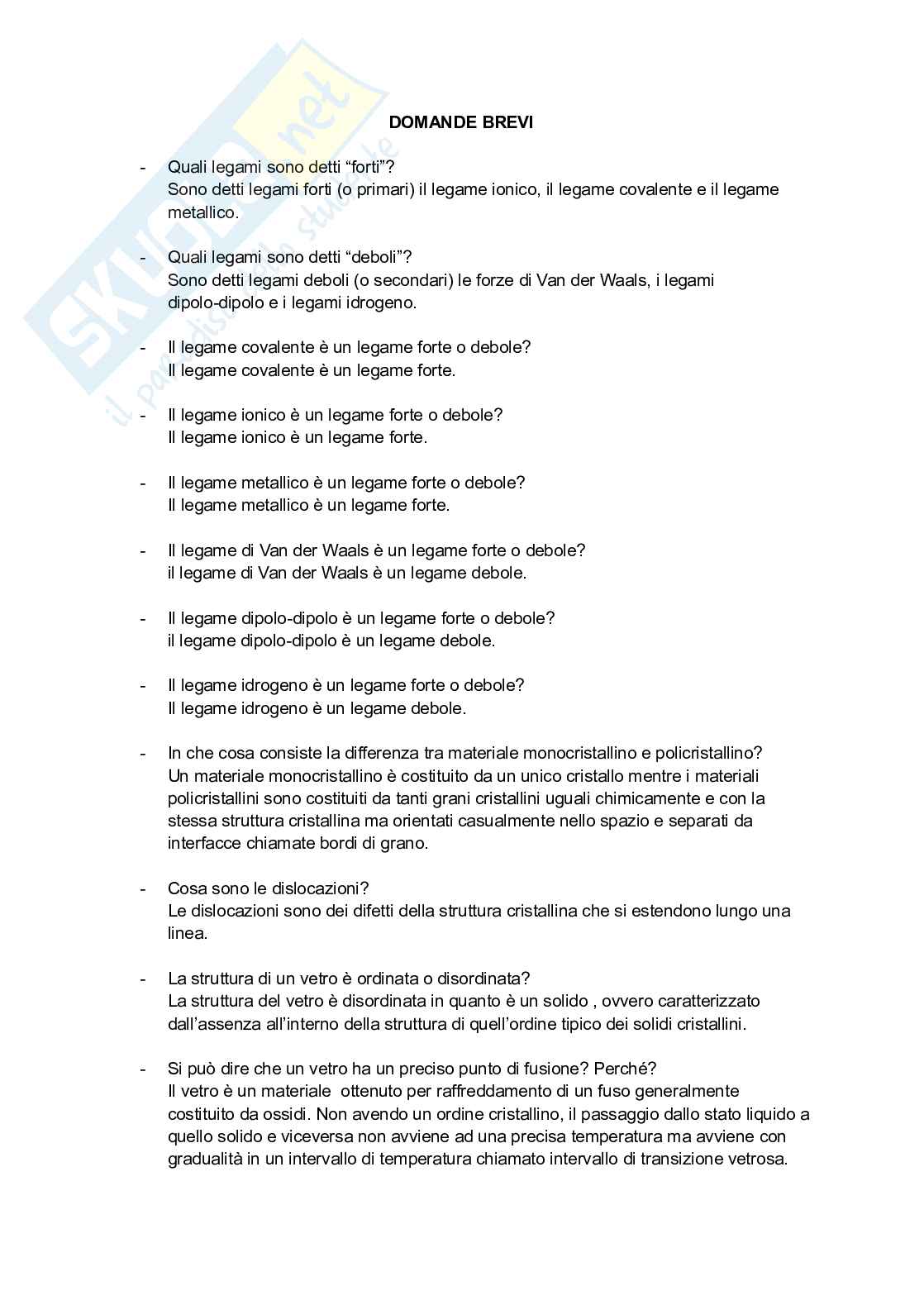 Domande Tecnologia dei materiali e chimica applicata Pag. 1