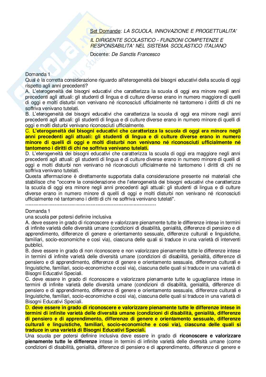 Set Domande e risposte: La scuola, innovazione e progettualità — Il Dirigente Scolastico (De Sanctis Francesco, 2025) Pag. 1