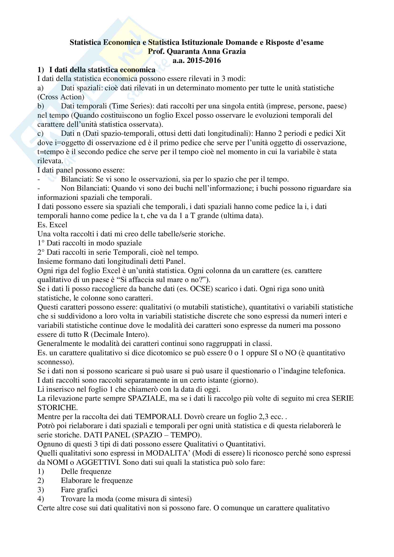 Domande e Risposte Statistica Economica e Statistica Istituzionale Pag. 1