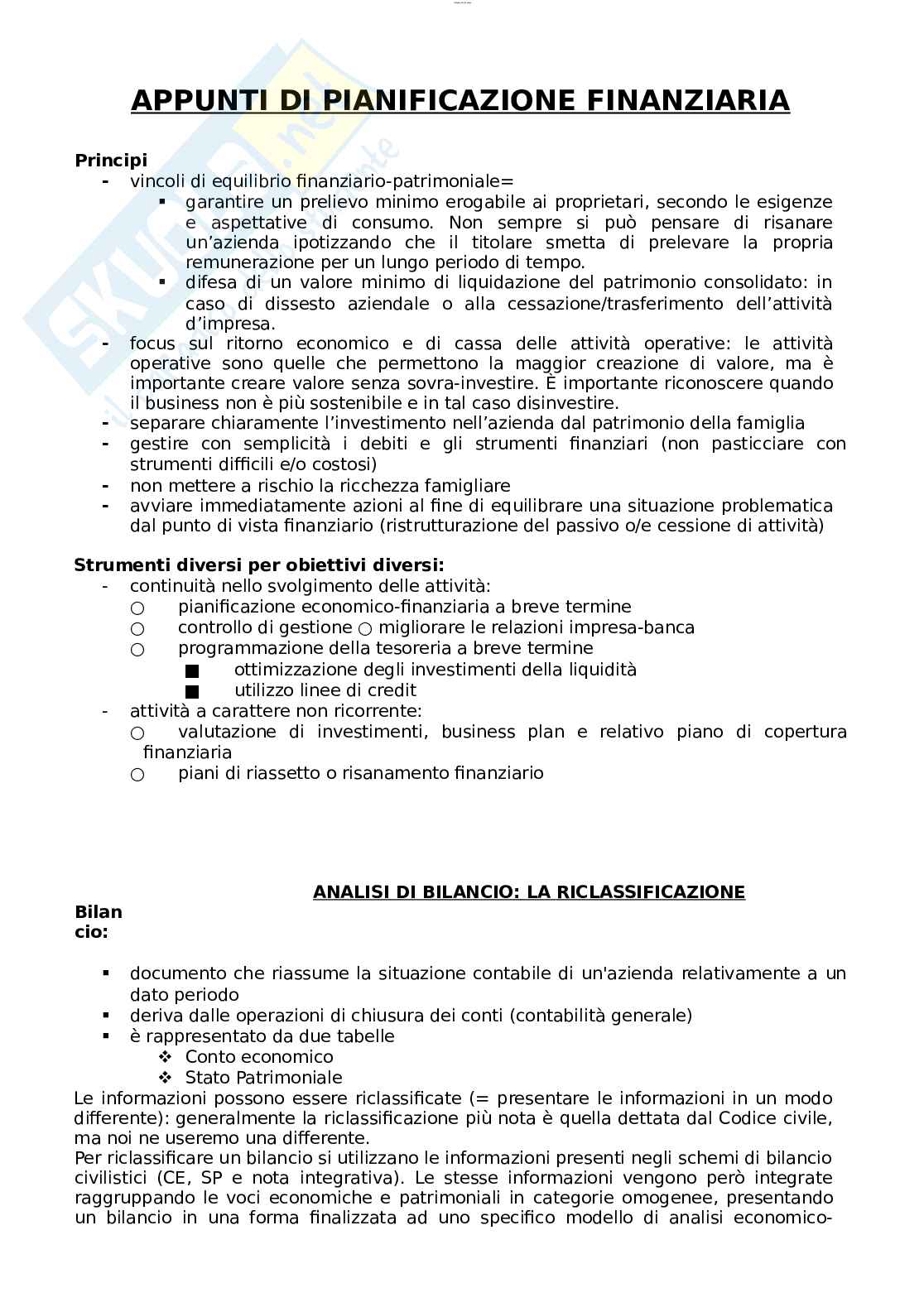 Appunti di Pianificazione finanziaria Pag. 1