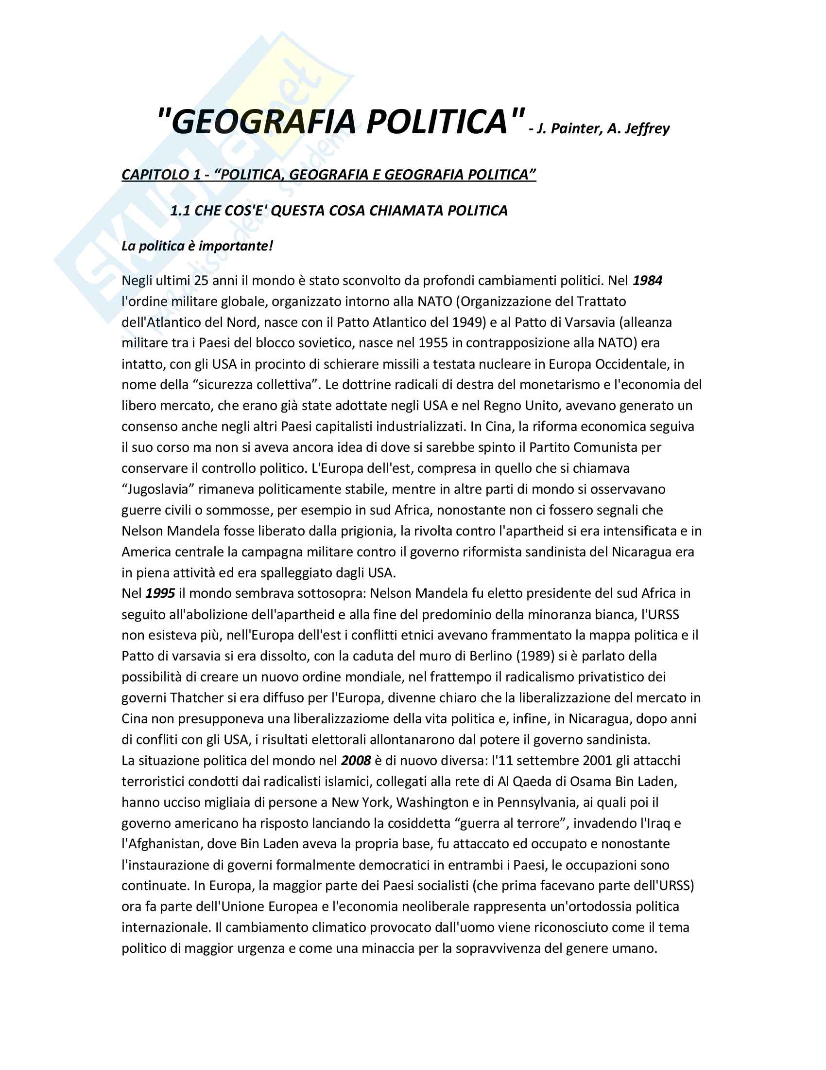 Riassunto esame geografia, prof. Tabusi, libro consigliato Geografia politica Pag. 1