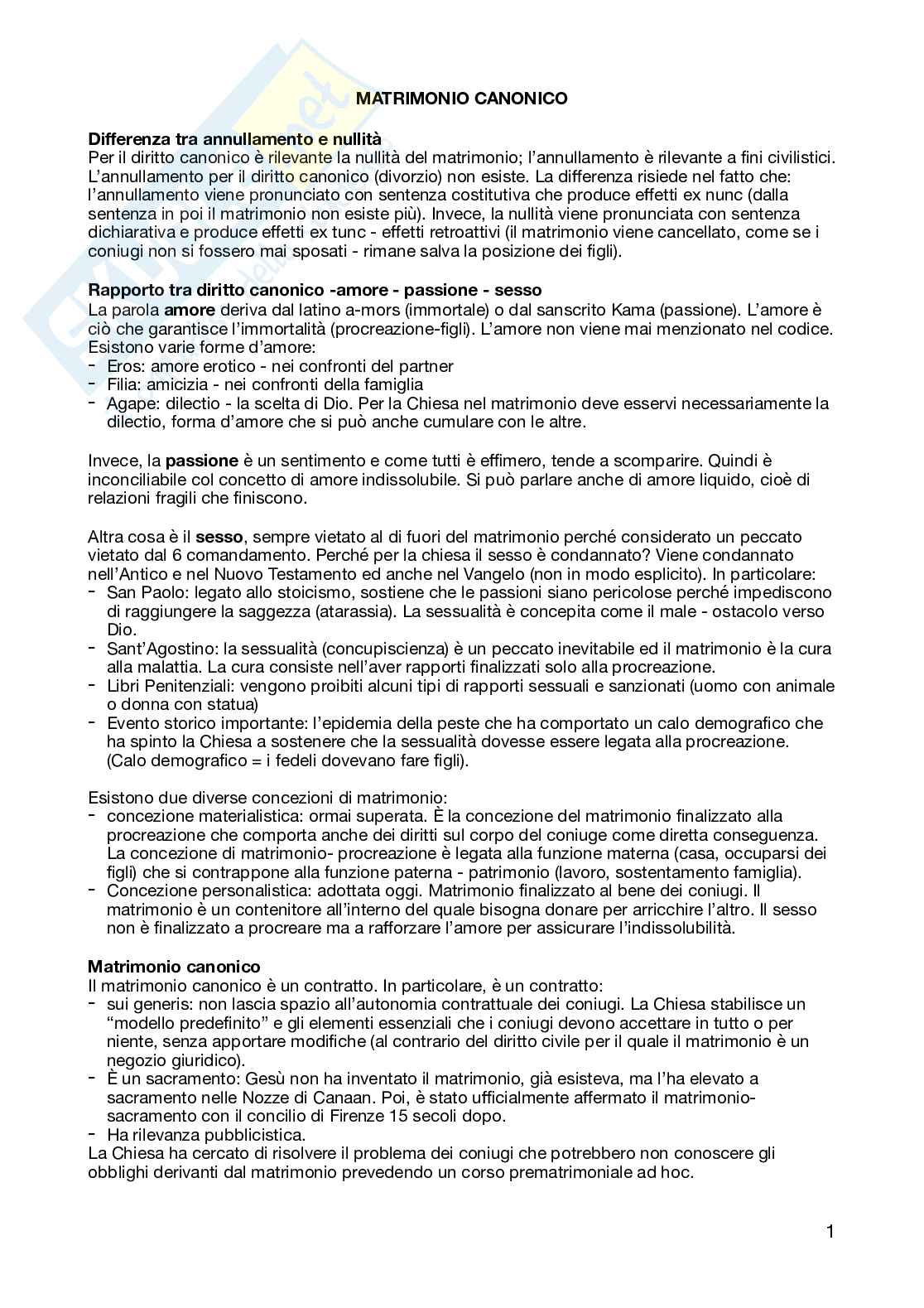 Riassunto esame Diritto ecclesiastico, Prof. Ferrante Mario, libro consigliato Lezioni di diritto matrimoniale canonico, Ferrante Pag. 1
