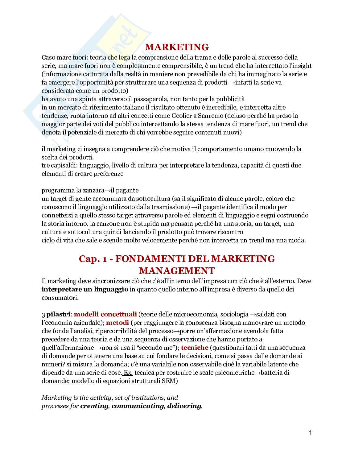 Riassunto esame Marketing, Prof. Ricotta Francesco, libro consigliato Marketing Management, Kotler Pag. 1