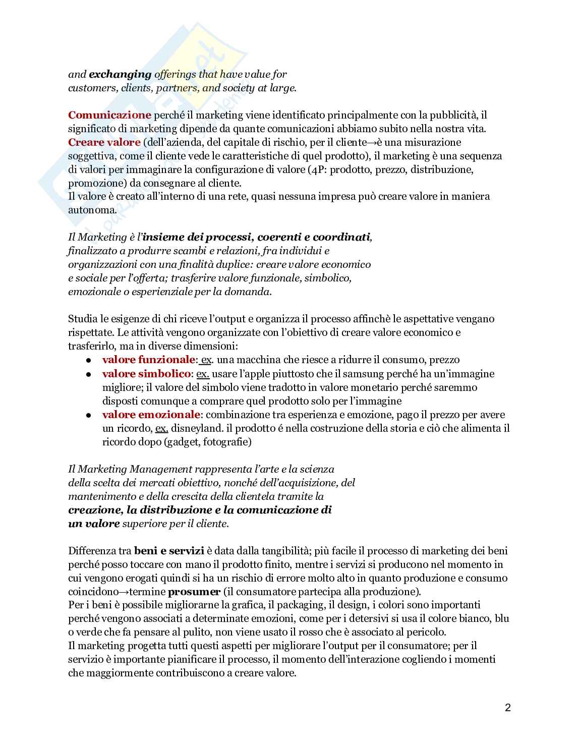Riassunto esame Marketing, Prof. Ricotta Francesco, libro consigliato Marketing Management, Kotler Pag. 2