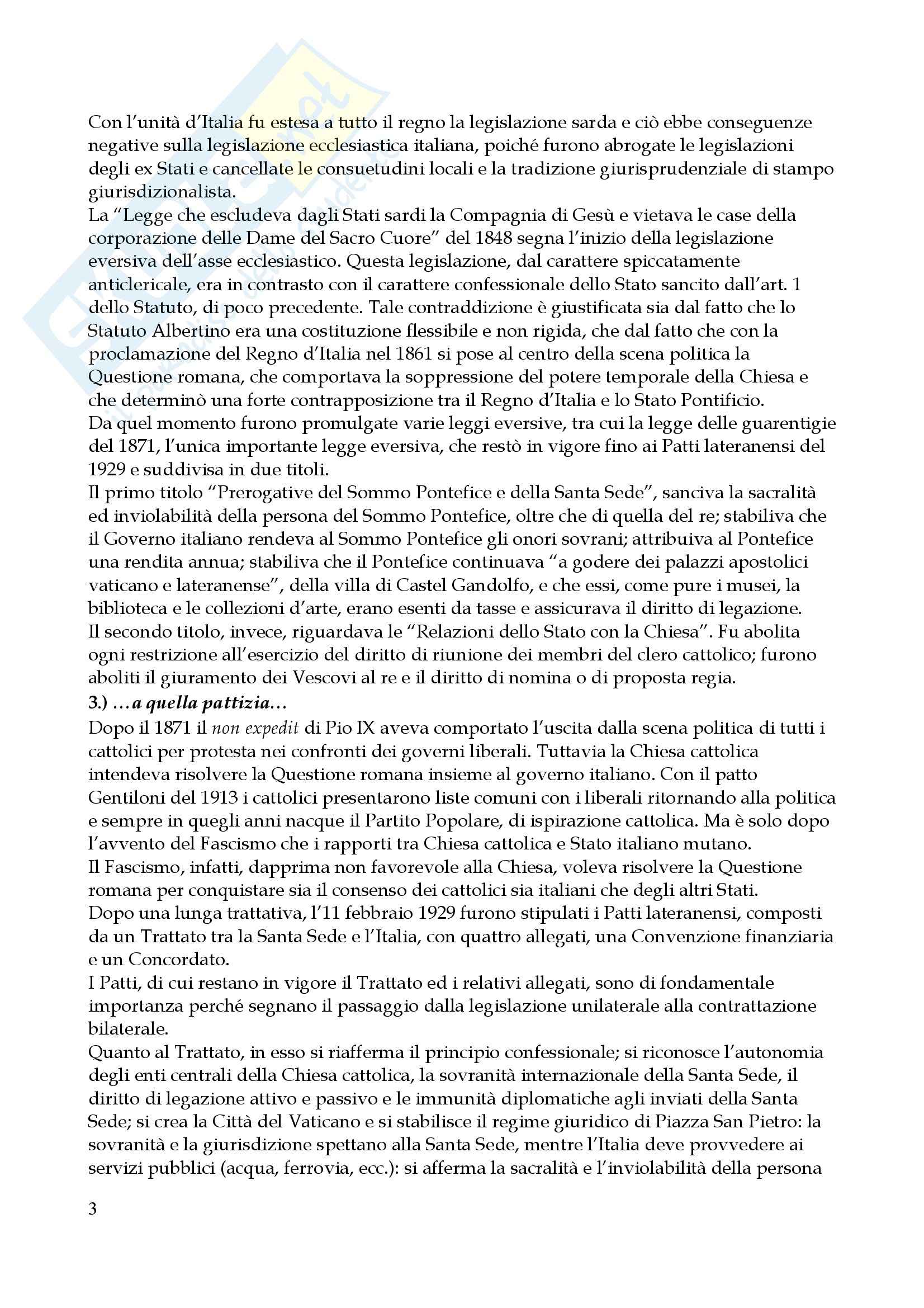 Riassunto esame Diritto Ecclesiastico, prof. Dammacco, libro consigliato Manuale di Diritto Ecclesiastico, Tedeschi Pag. 2