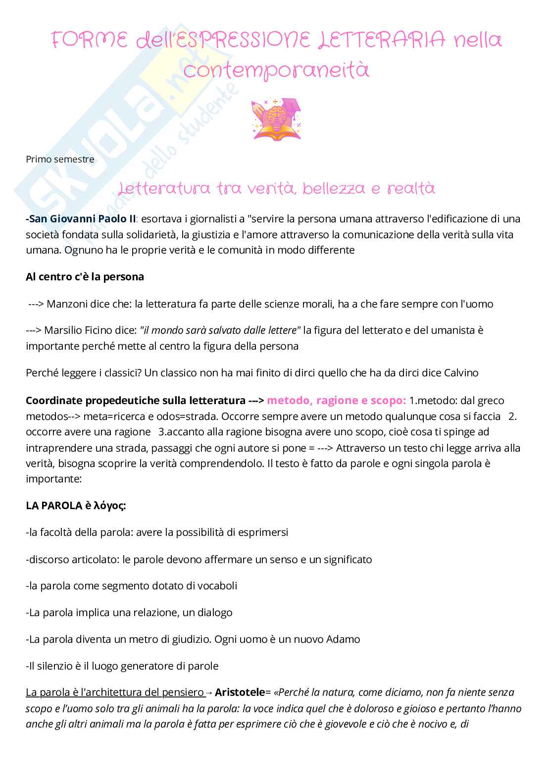 Appunti corso Forme dell'espressione letteraria, primo semestre Pag. 1