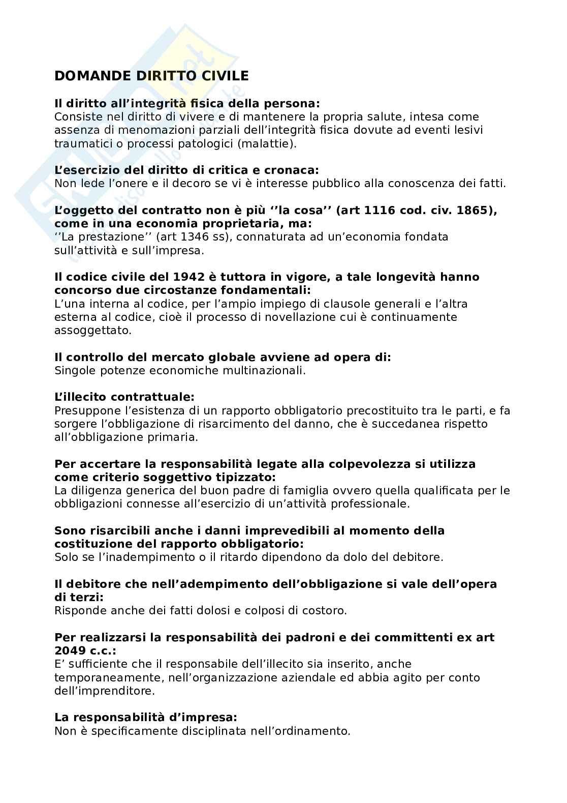 Domande diritto civile per l'esame Pag. 1