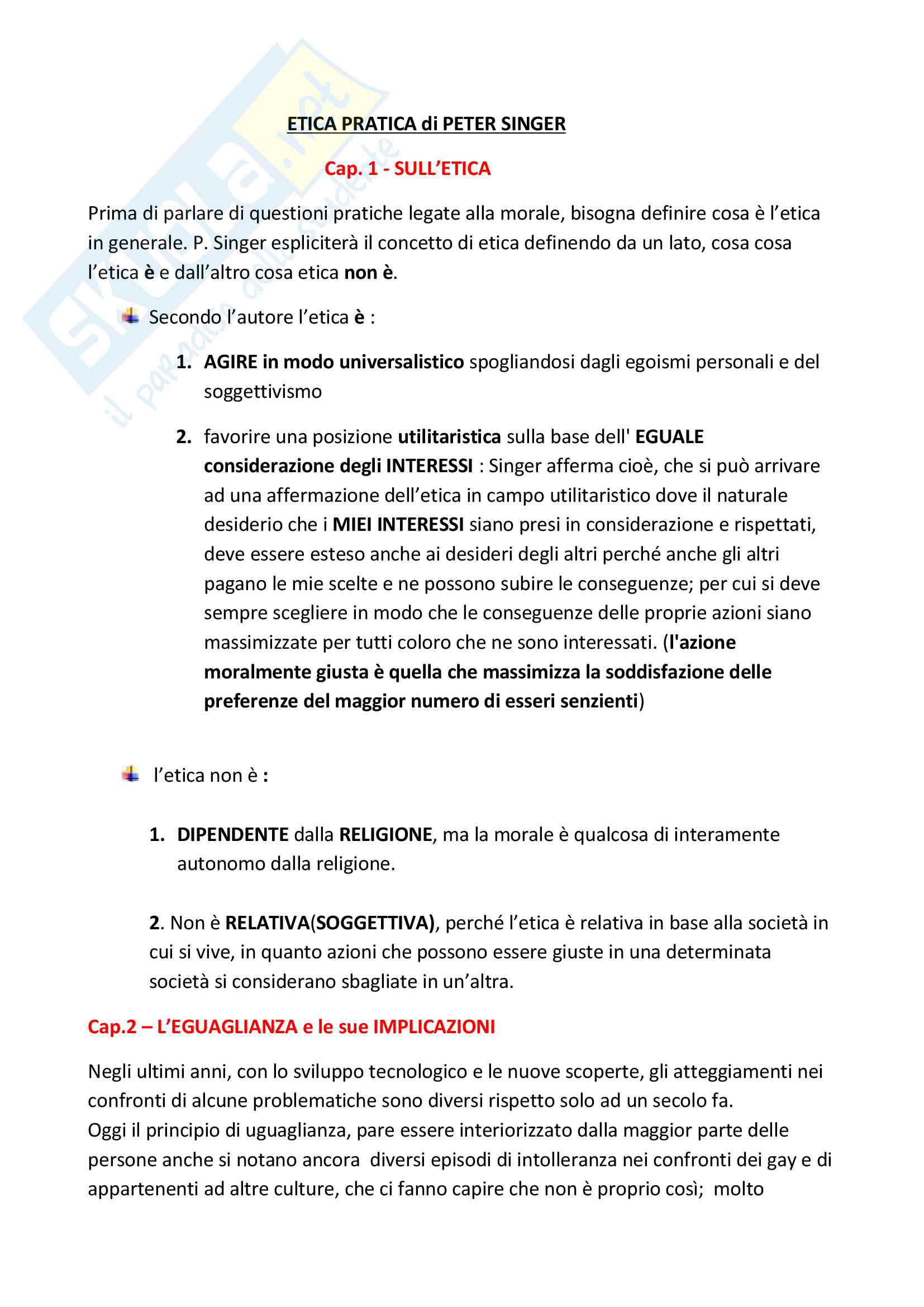 Riassunto esame Filosofia Morale, prof. Savignano, libro consigliato "Etica pratica", Peter Singer Pag. 1