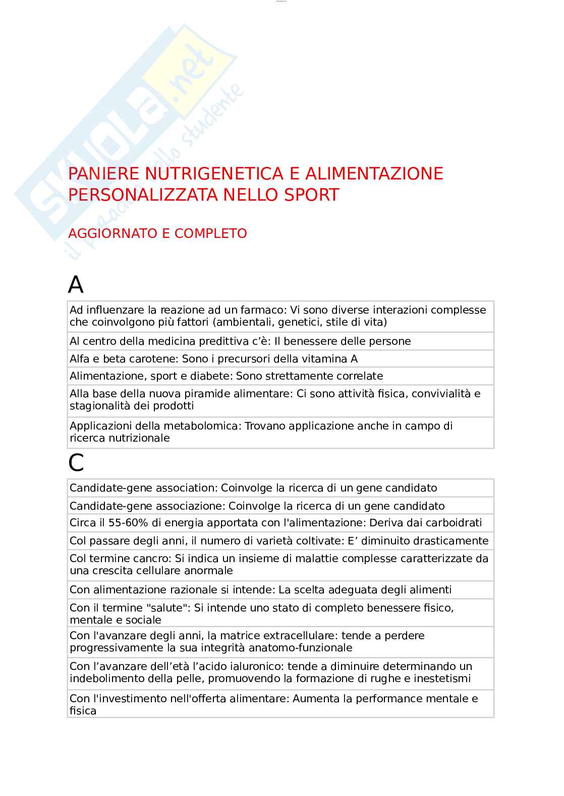 Paniere esame Nutrigenetica e alimentazione personalizzata nello sport  Pag. 1