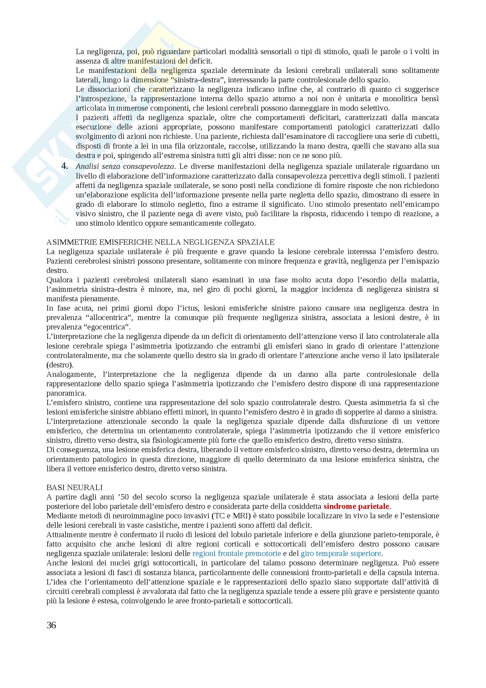 Sunto Neuropsicologia clinica, docente Priftis, libro consigliato Manuale di neuropsicologia, G. Vallar e C. Papagno Pag. 36