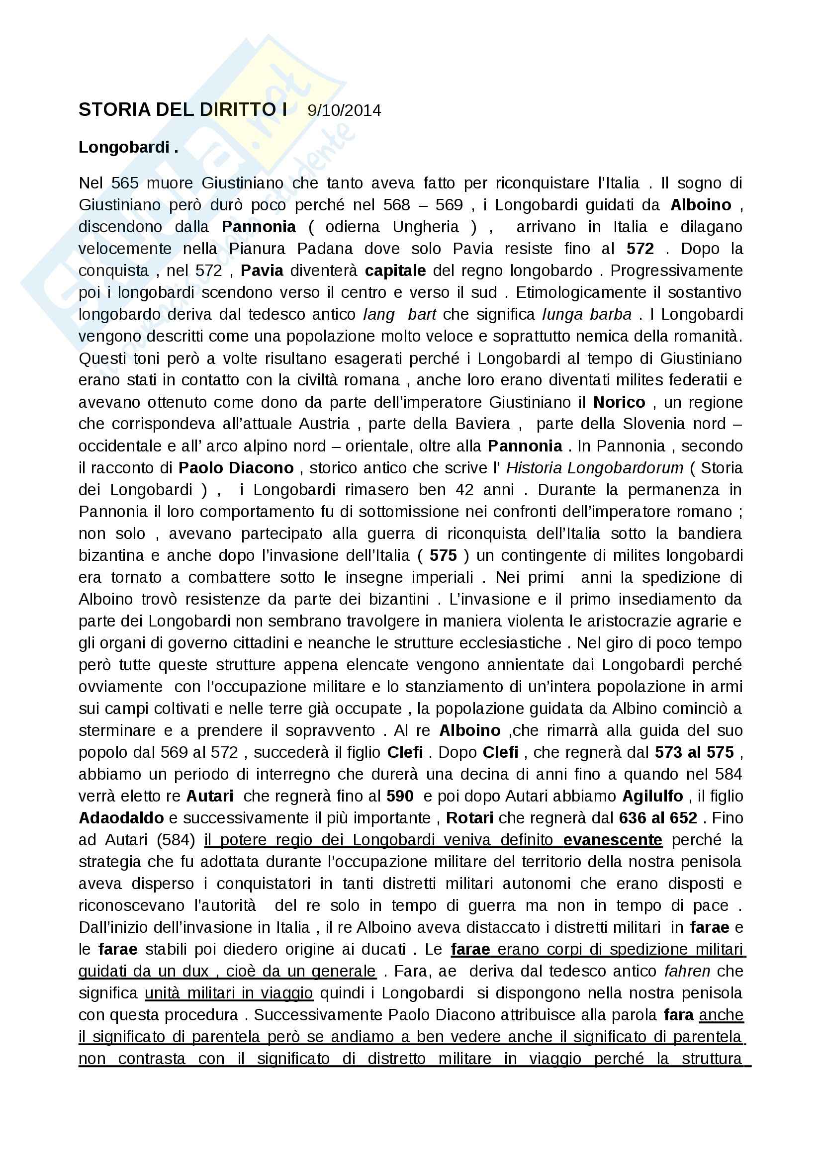 Longobardi, Storia del diritto medievale e moderno Pag. 1