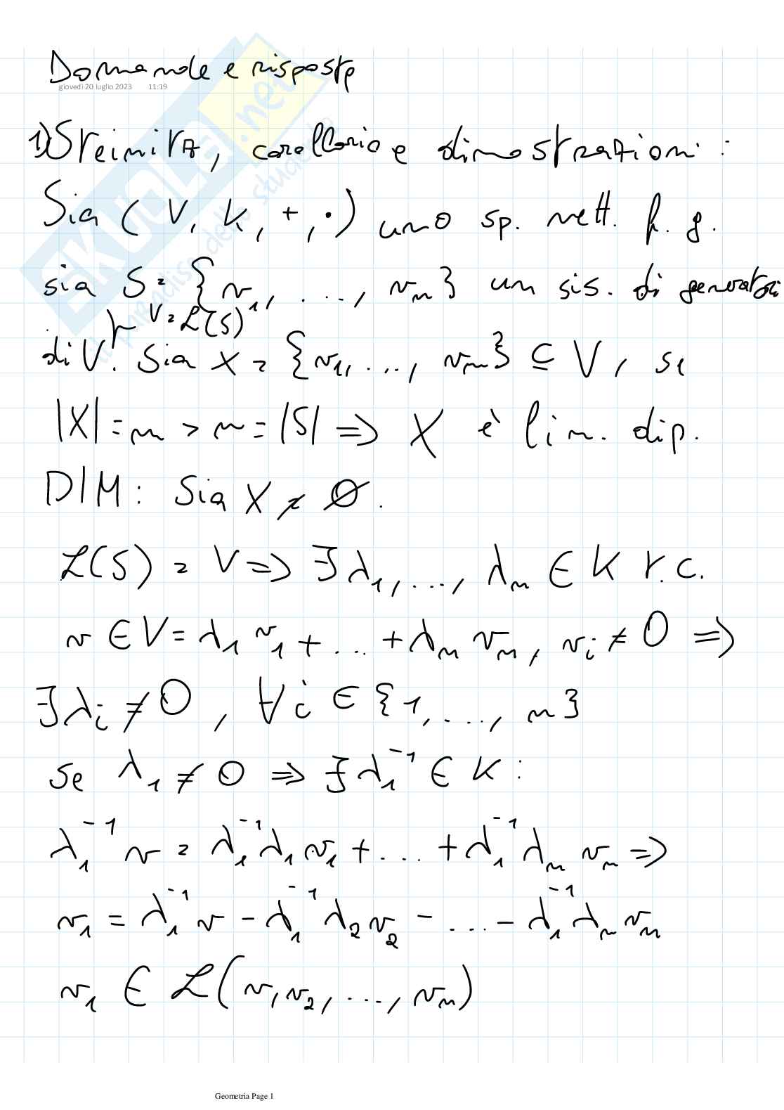Esercizi di domande e risposte Geometria e Algebra lineare Pag. 1