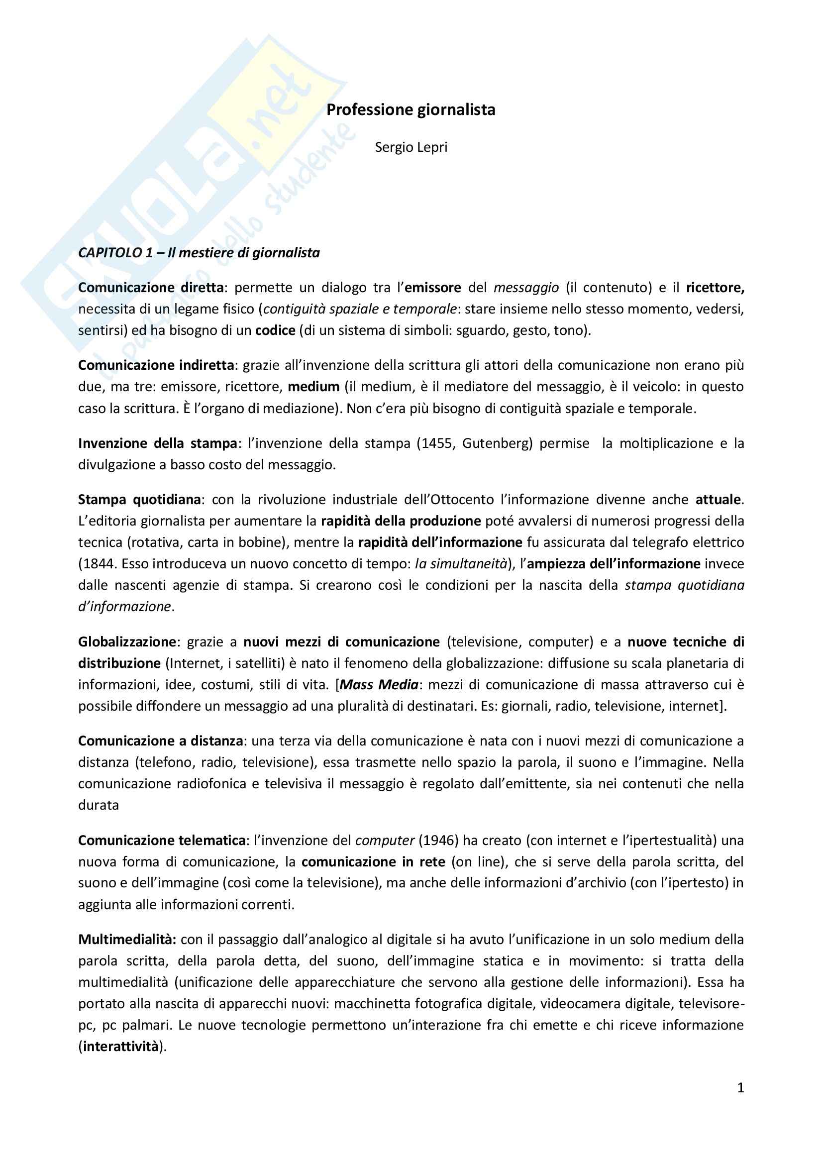 Riassunto esame Giornalismo, prof. Di Tanna, libro consigliato Professione giornalista, Lepri Pag. 1