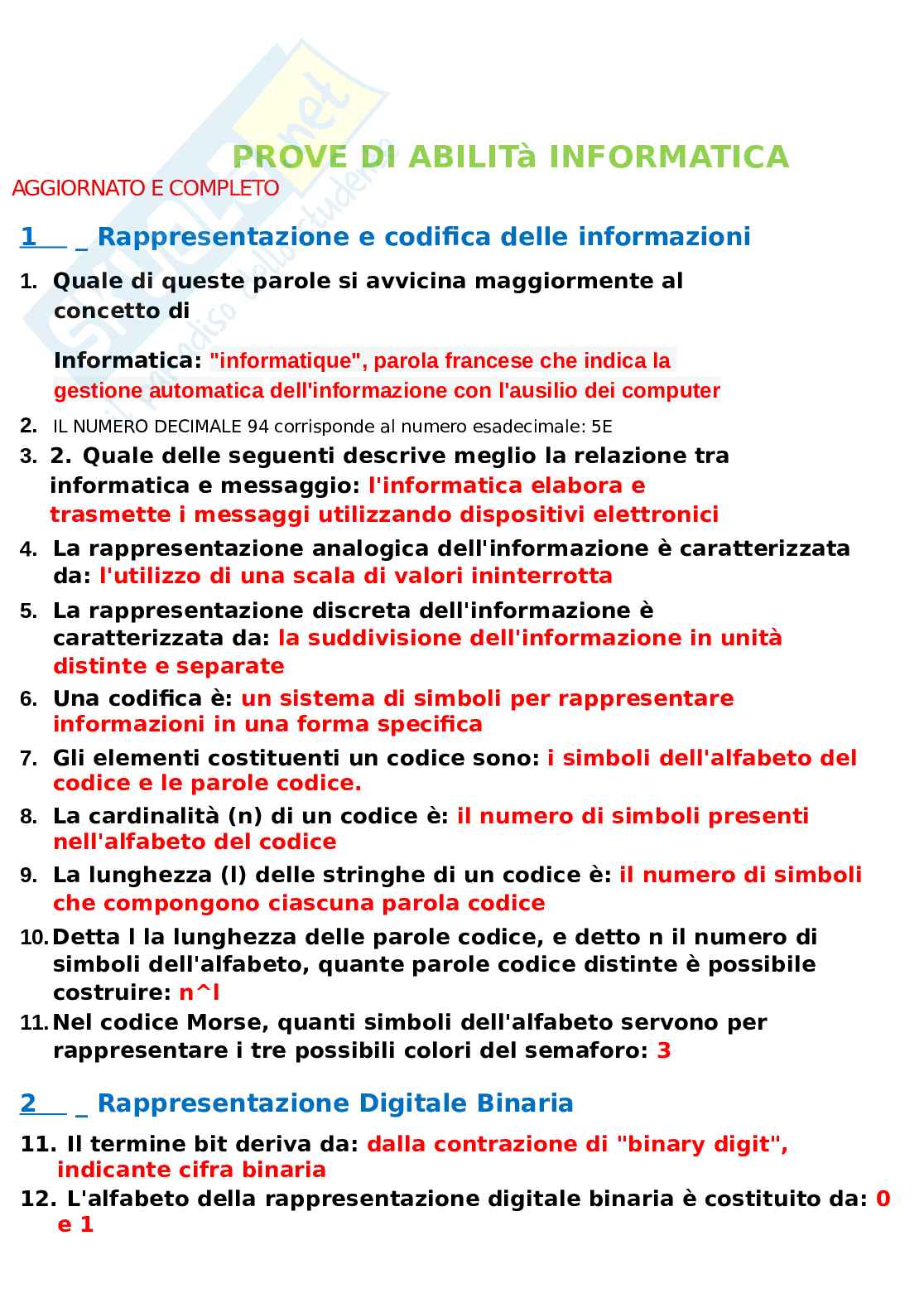 Paniere prove di abilità informatica, aggiornato e completo. In ordine Pag. 1