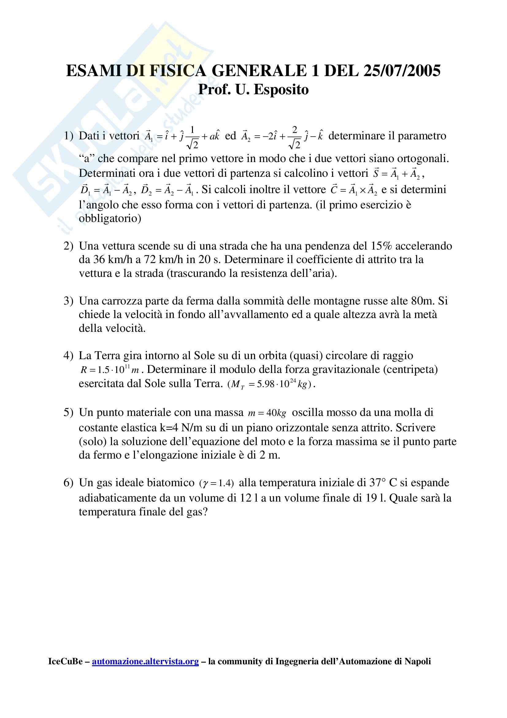 Fisica I - Esame fisica anno 2005 Pag. 1