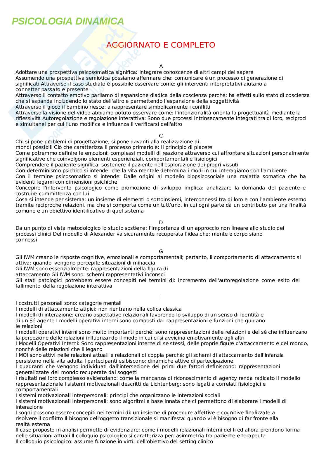 Paniere Psicologia dinamica - Domande con risposta di Psicologia dinamica  Pag. 1