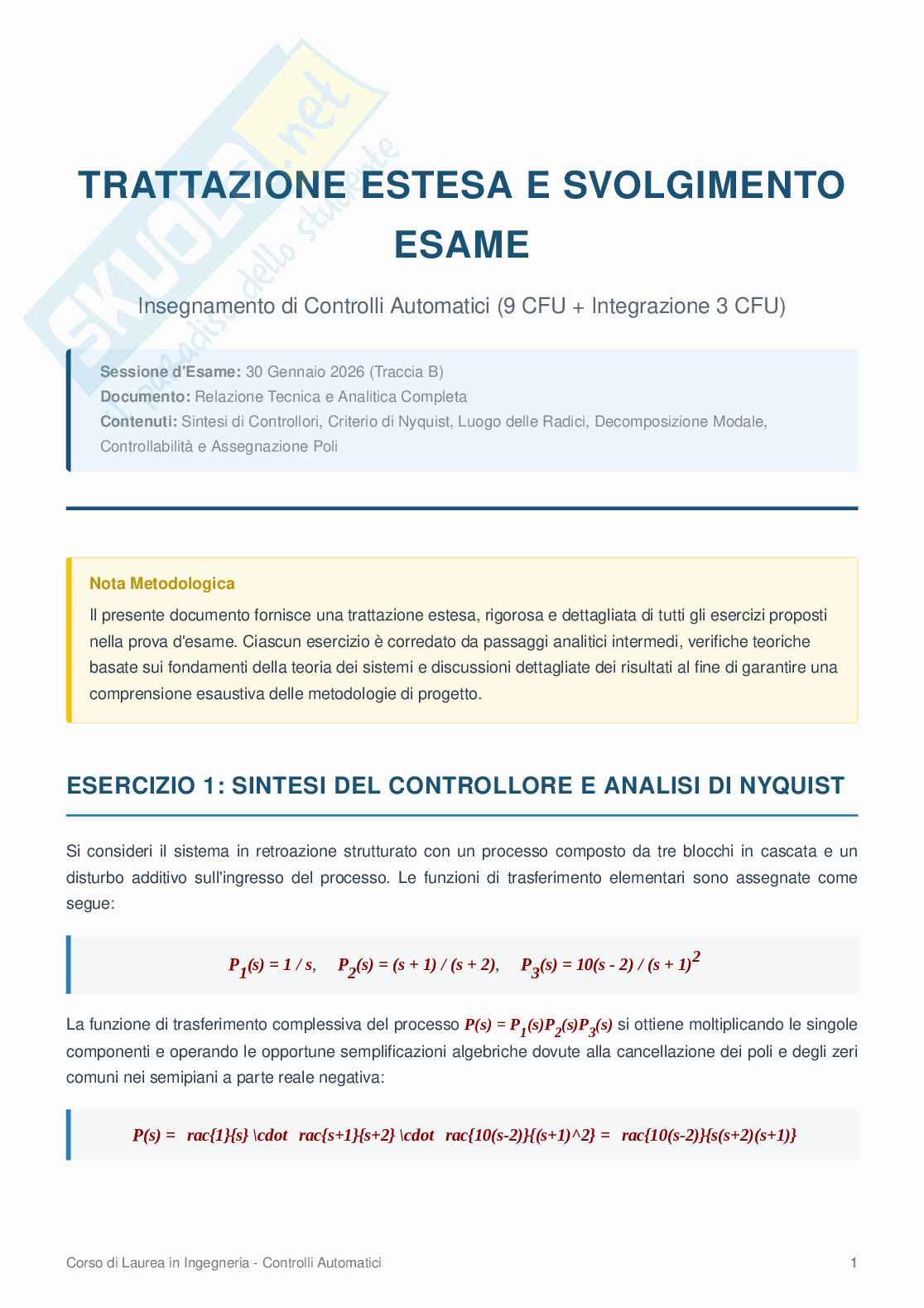 Esame di Control Systems di gennaio 2026 Pag. 1