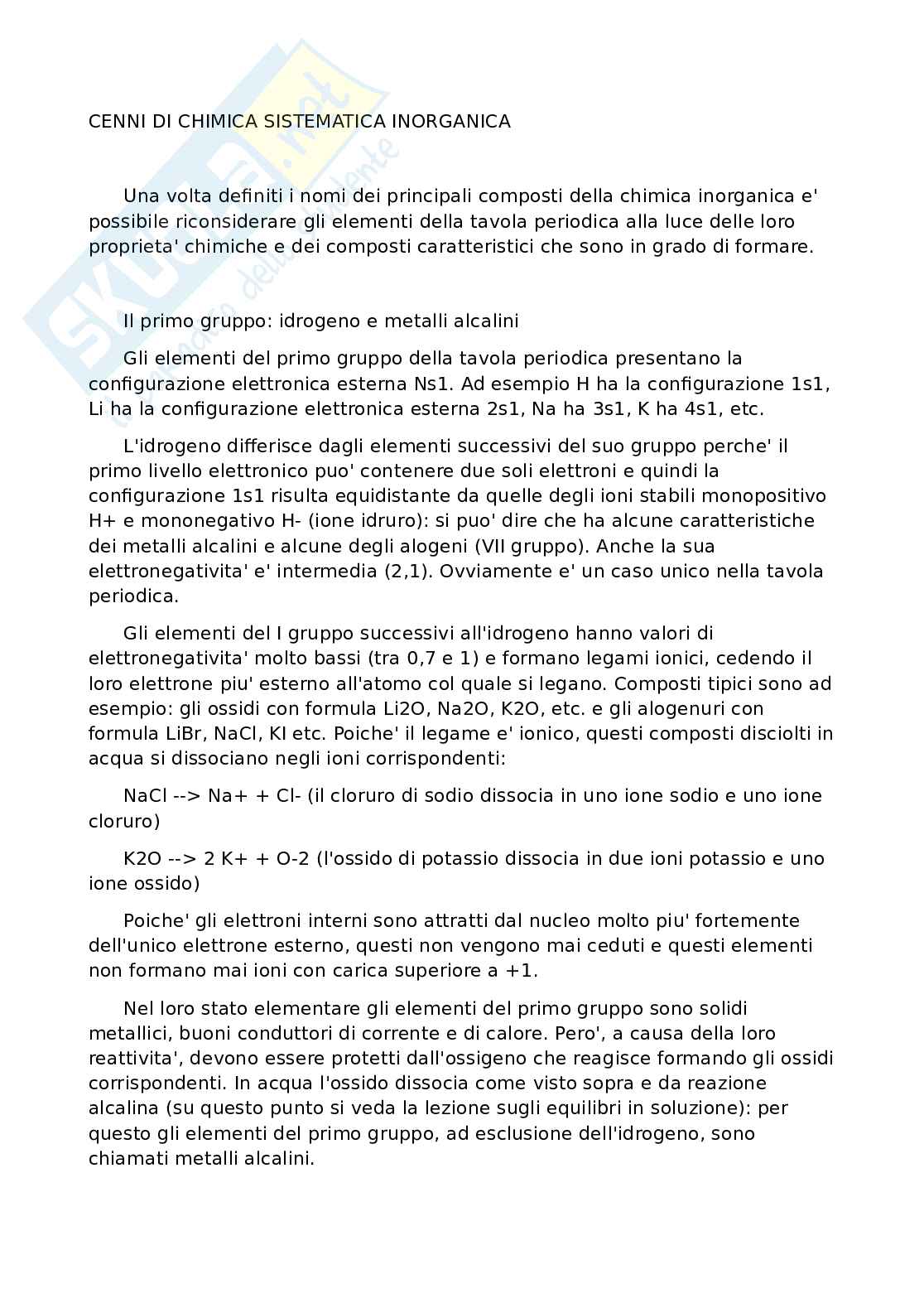 Cenni di Chimica sistematica inorgaica Pag. 1