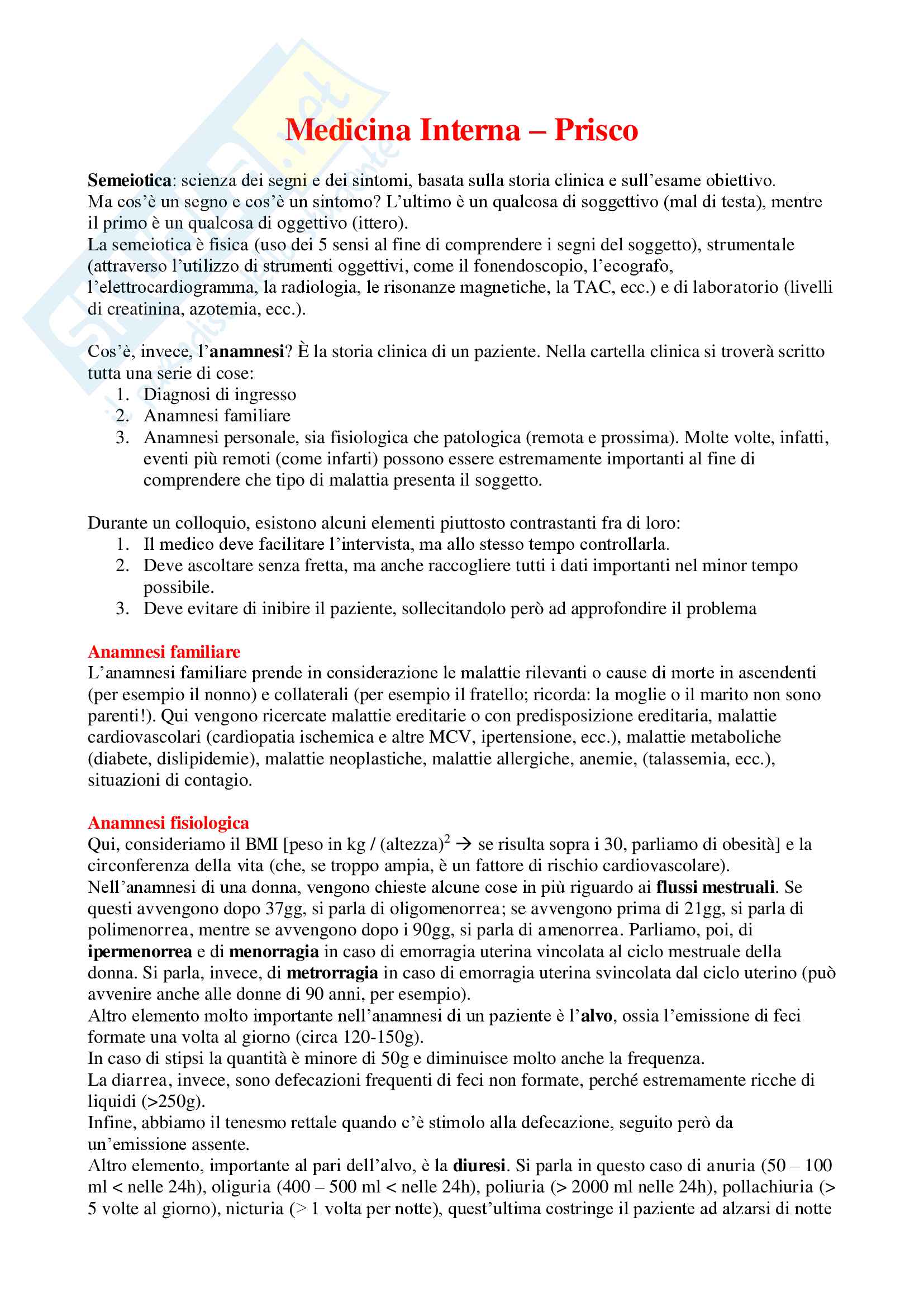 Medicina Interna (Patologie Apparato Cardiovascolare e Respiratorio) - Appunti Completi Pag. 1