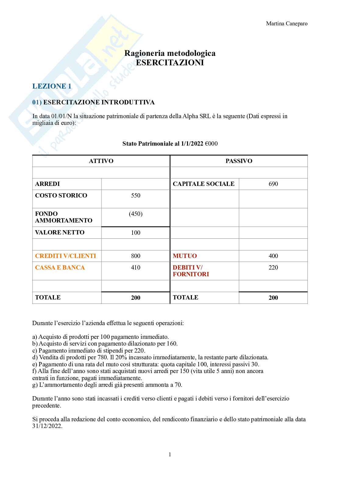 Ragioneria metodologica – Parte 4 – Tutte le esercitazioni del corso svolte Pag. 1