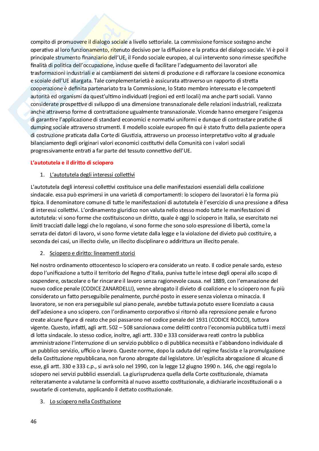 Riassunto esame Diritto del lavoro, Prof. Pascucci Paolo, libro consigliato Diritto sindacale, Giugni Pag. 46
