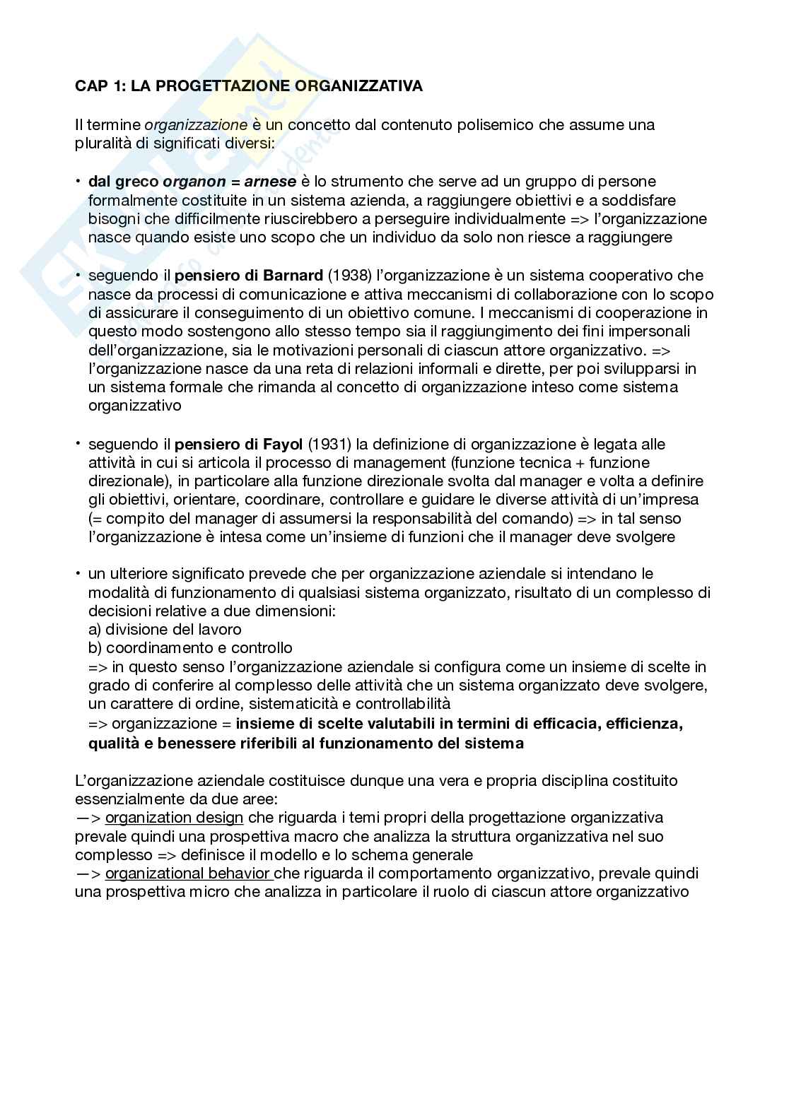 Riassunto esame Organizzazione aziendale, Prof. Cavaliere Vincenzo, libro consigliato Organizzazione aziendale - scelte di progettazione, Bonti, Cavaliere, Cori Pag. 1