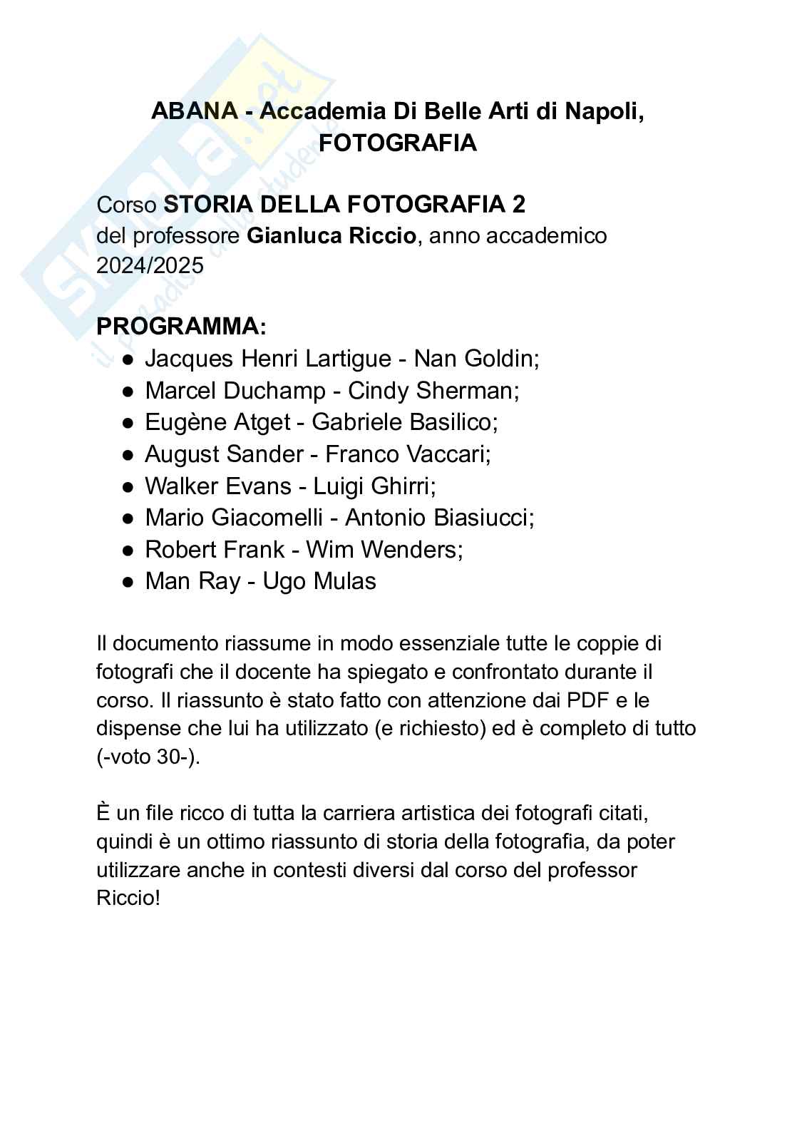 Appunti Storia della fotografia 2 Pag. 1