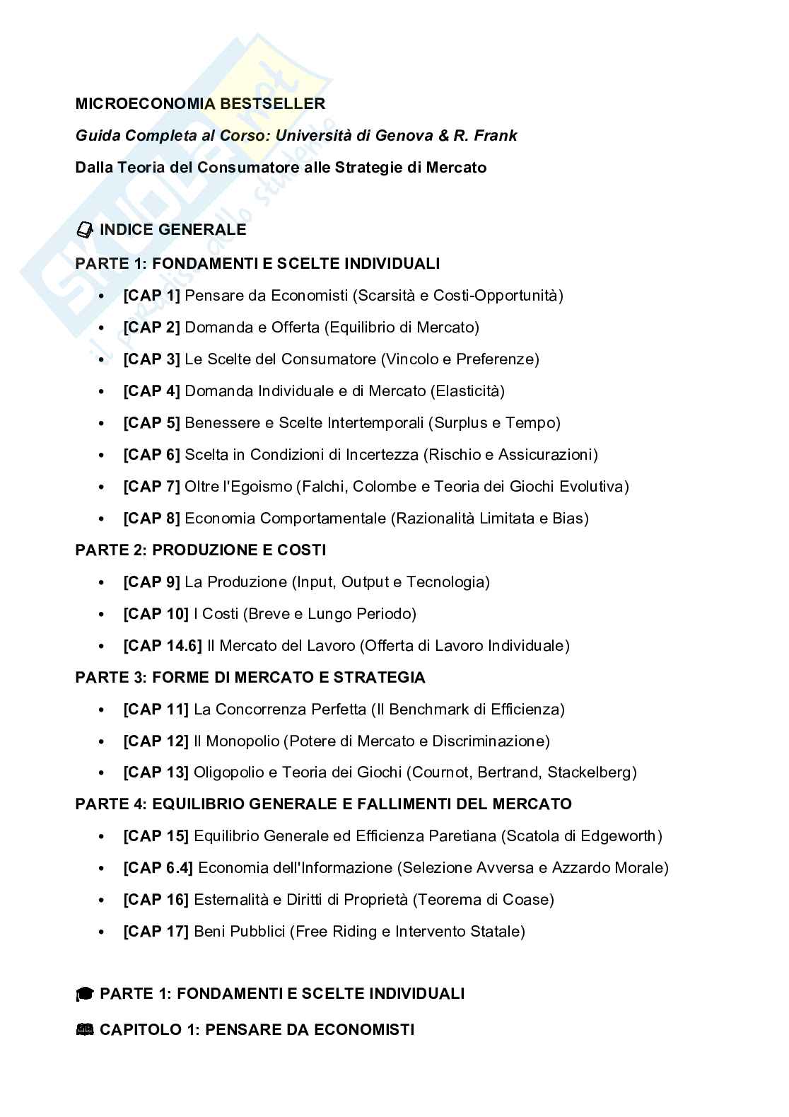 Riassunto esame Microeconomia, Prof. Beltrametti Luca, libro consigliato Microeconomia, Frank, Cartwright, Piras Pag. 1