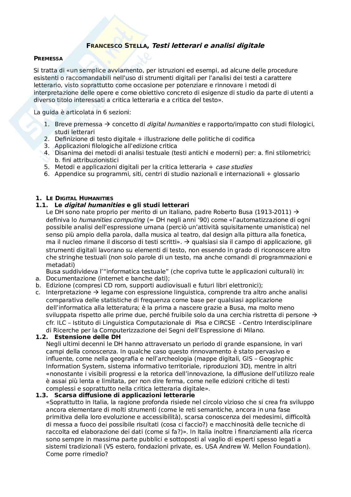 Riassunto esame filologia digitale, prof Cerullo, libro consigliato Testi letterari e analisi digitale, Stella Pag. 1