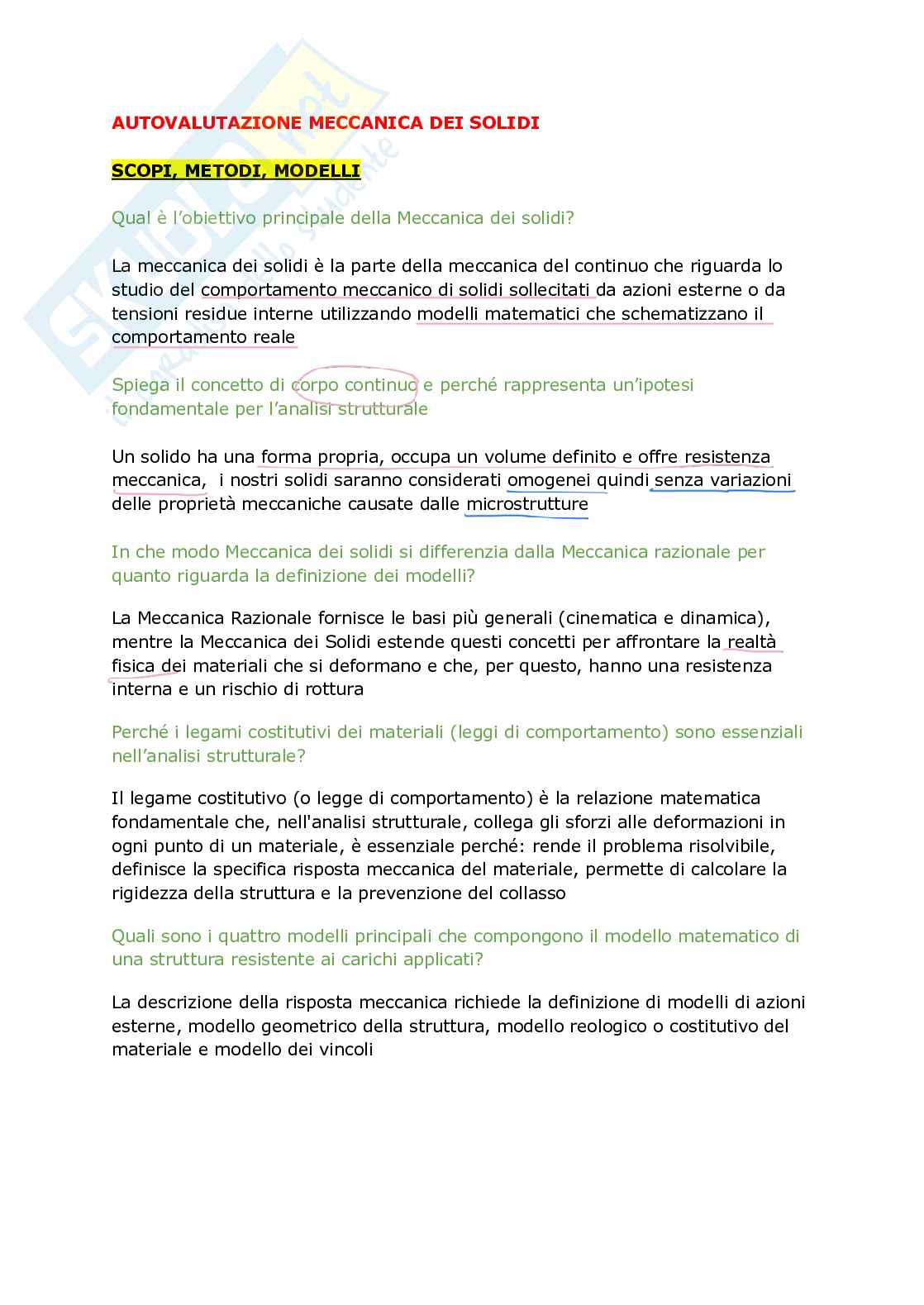 Domande di autovalutazione Meccanica dei solidi Pag. 1