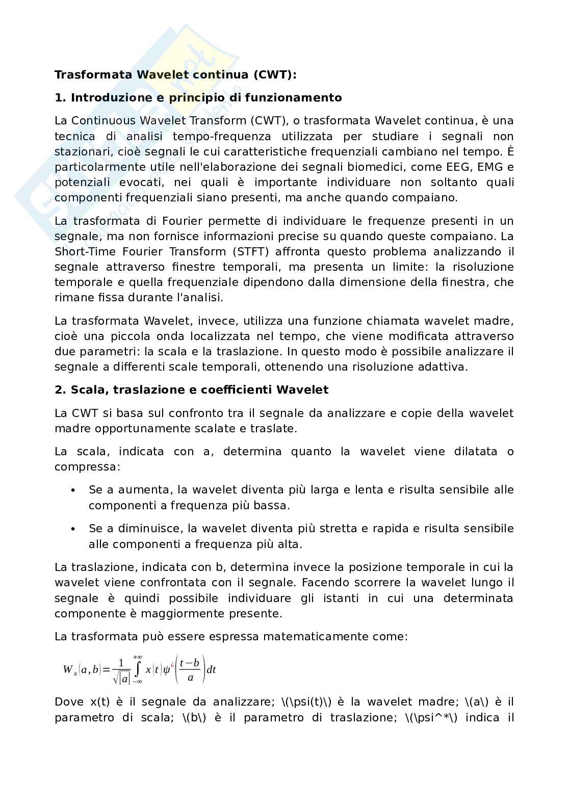Appunti di Elaborazione dei segnali biomedici 2 (EDBS2) – Trasformata Wavelet (CWT e DWT), banchi di filtri e algoritmi   Pag. 1