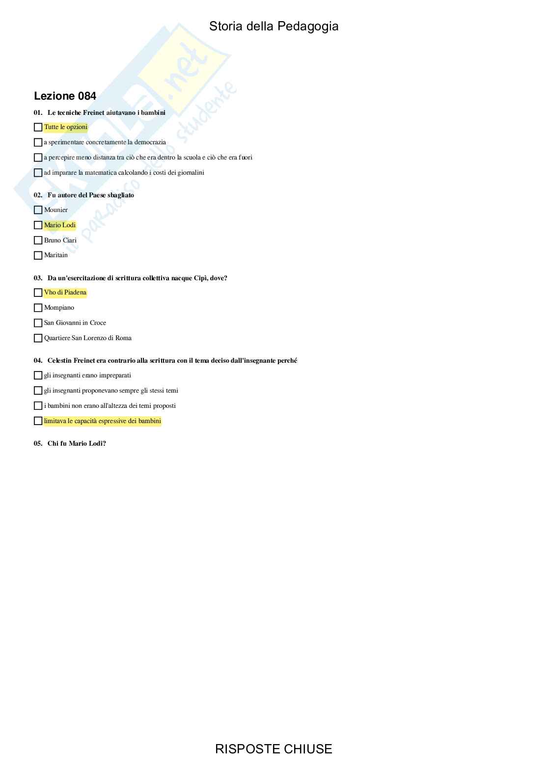 Storia della pedagogia - Paniere compilato Pag. 86