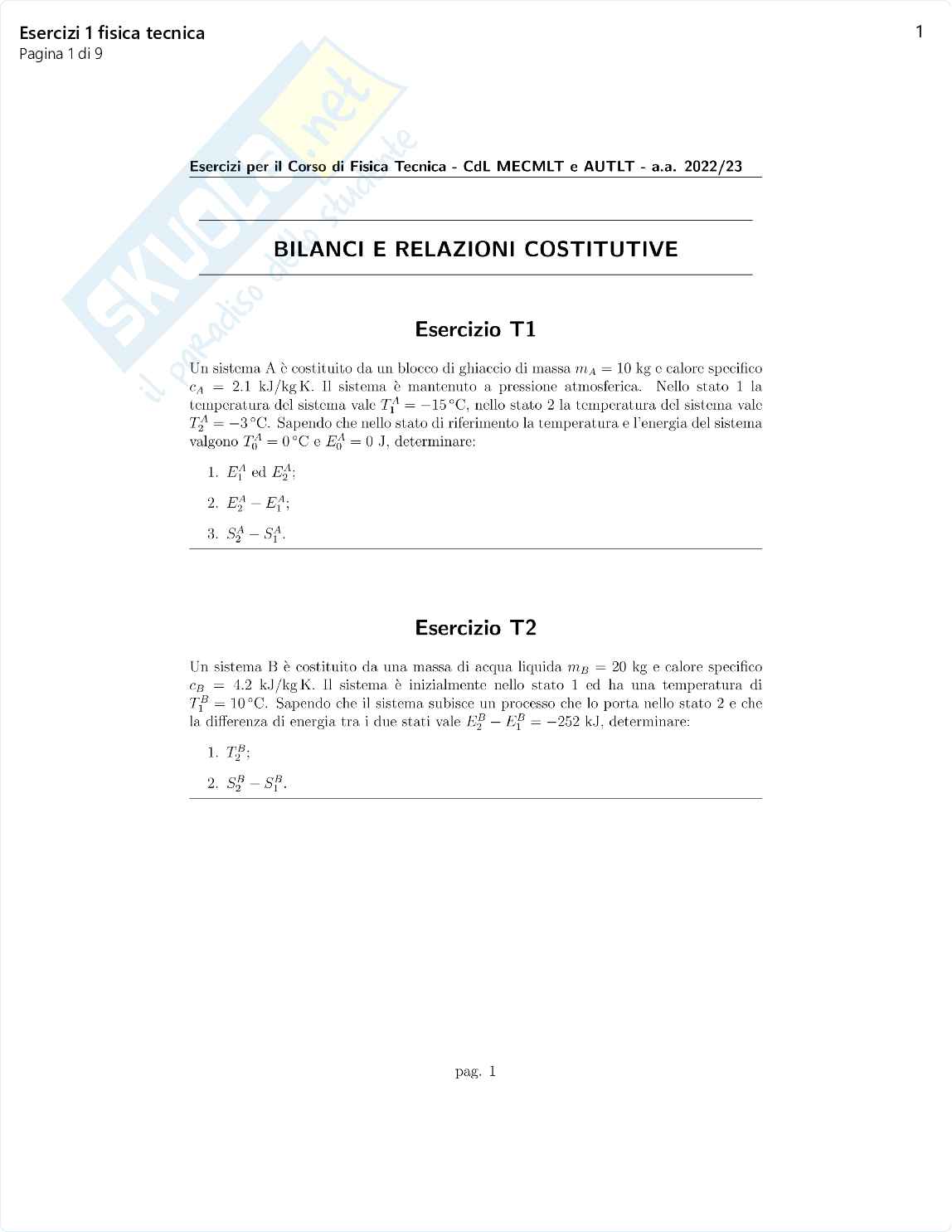 Esercizi di Fisica tecnica 1 Pag. 1