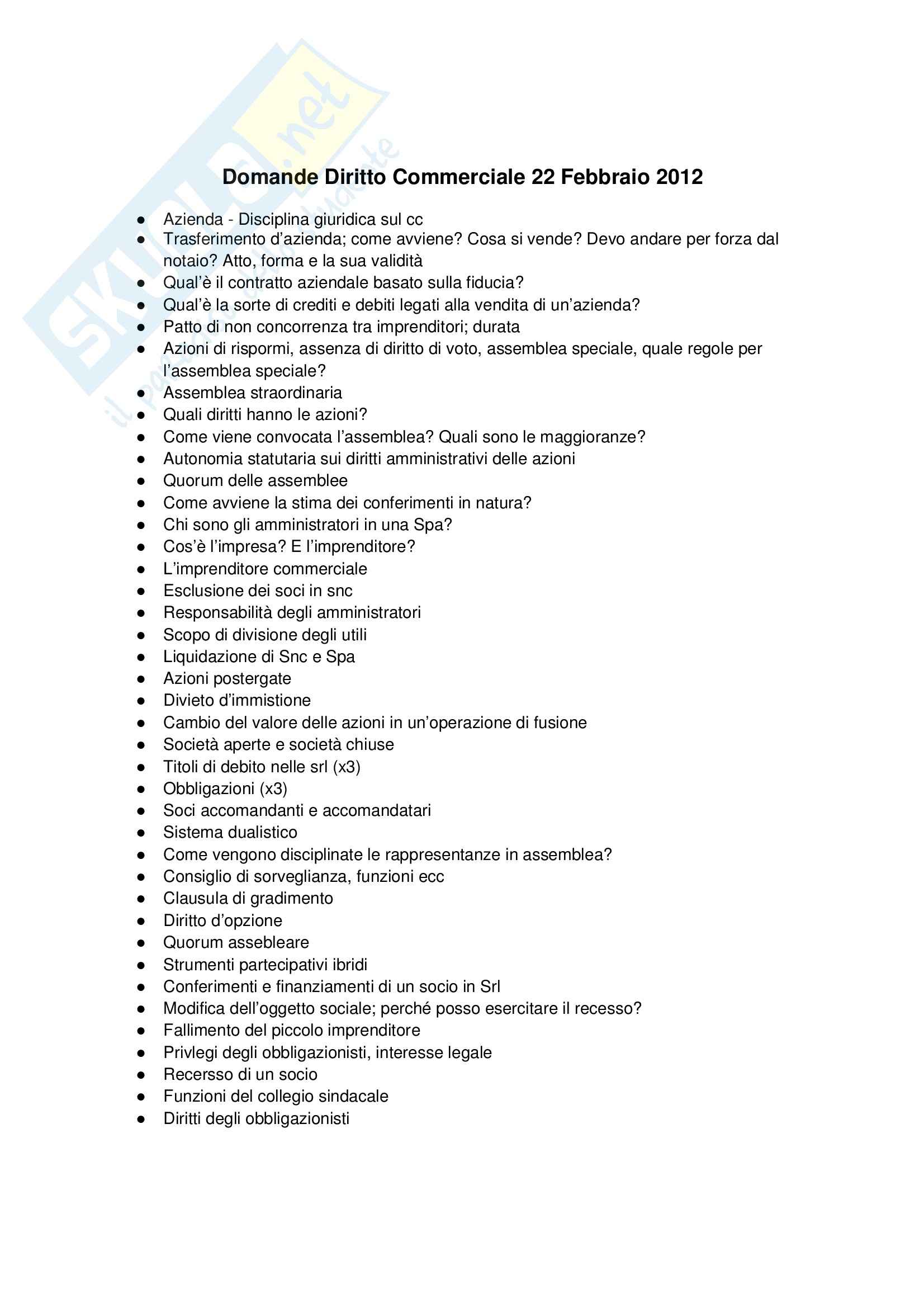 Diritto commerciale - domande d'esame