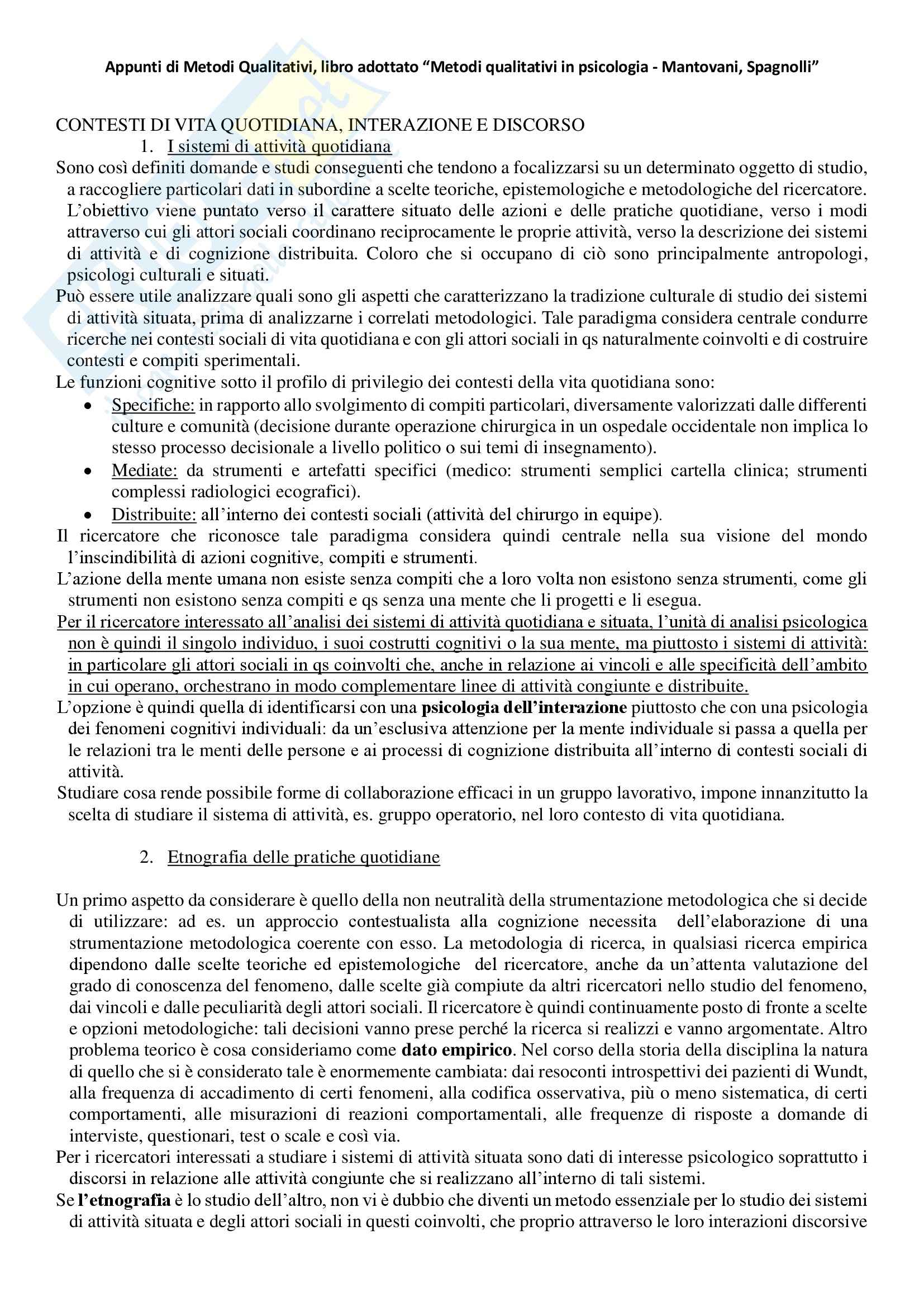 Riassunto esame Metodi Qualitativi, prof. Corbetta, libro consigliato Metodi qualitativi in psicologia, Mantovani, Spagnolli Pag. 1